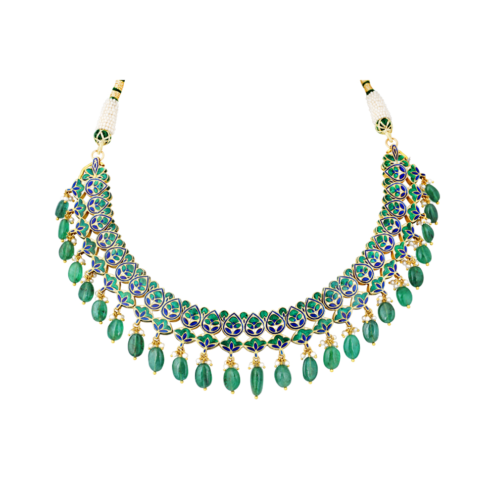 Pear-Shaped Polki Necklace with Green Meena and Emerald Drops