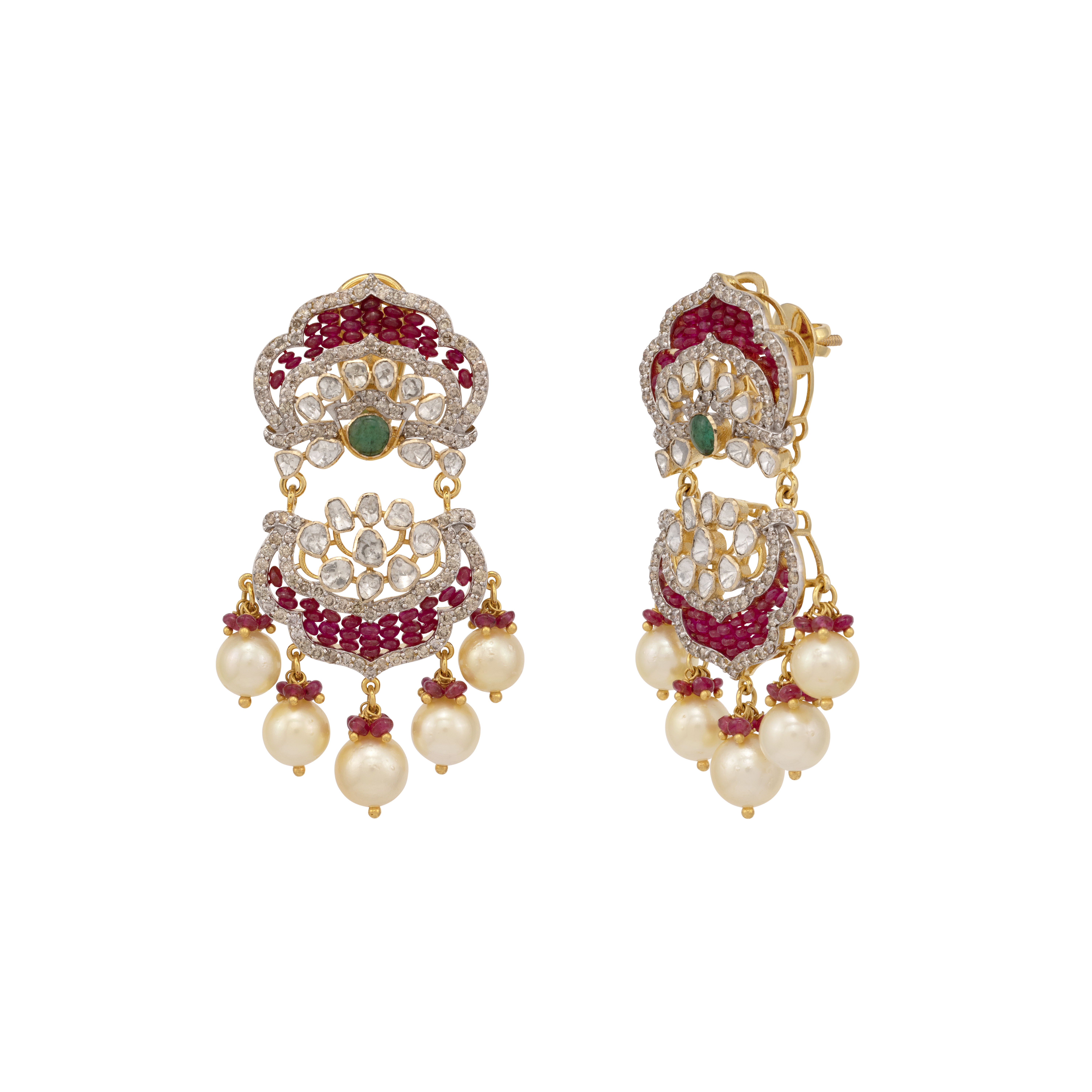 Polki and Ruby Earrings with Emerald and Pearl Drops