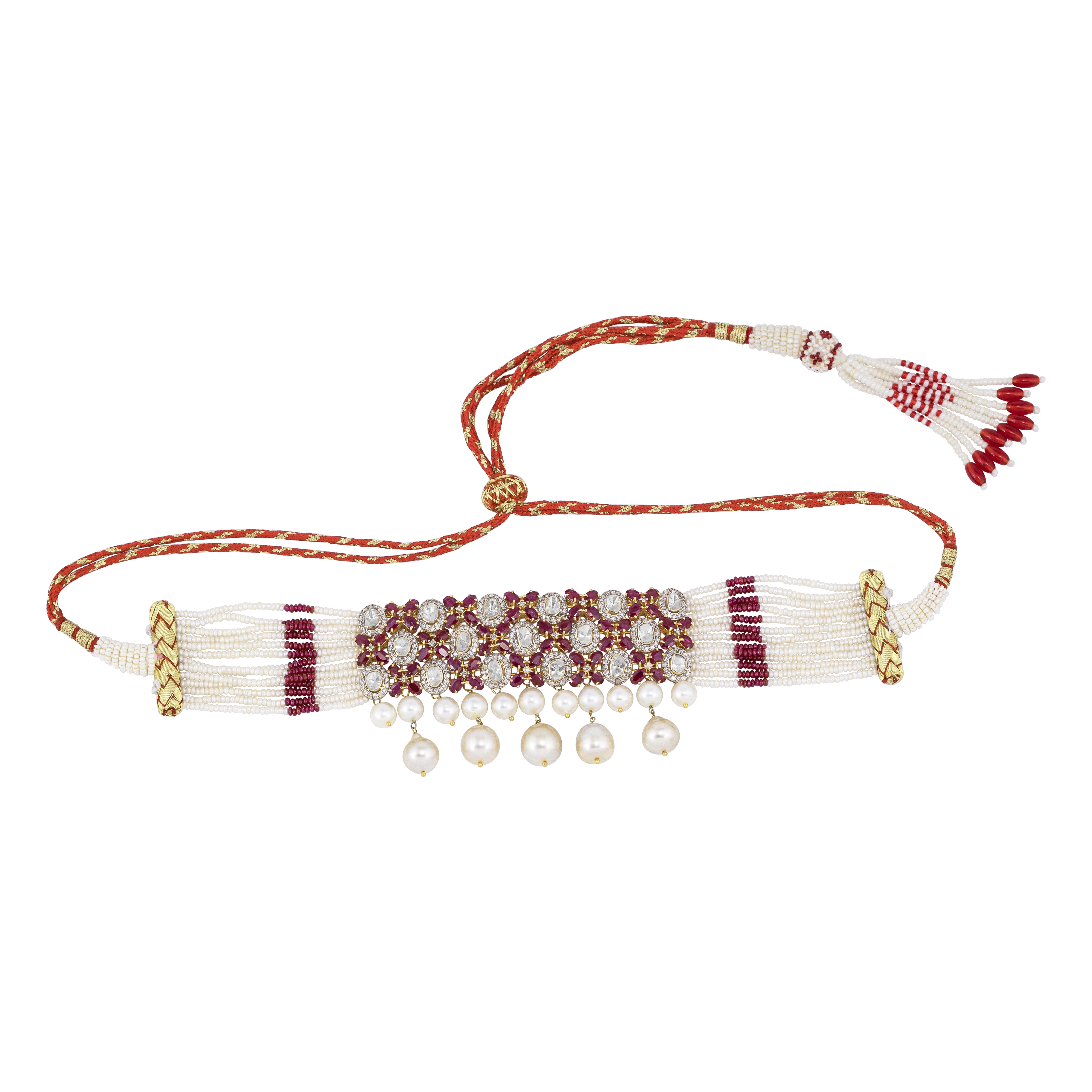 Ruby and Polki Choker with Pearl Strands