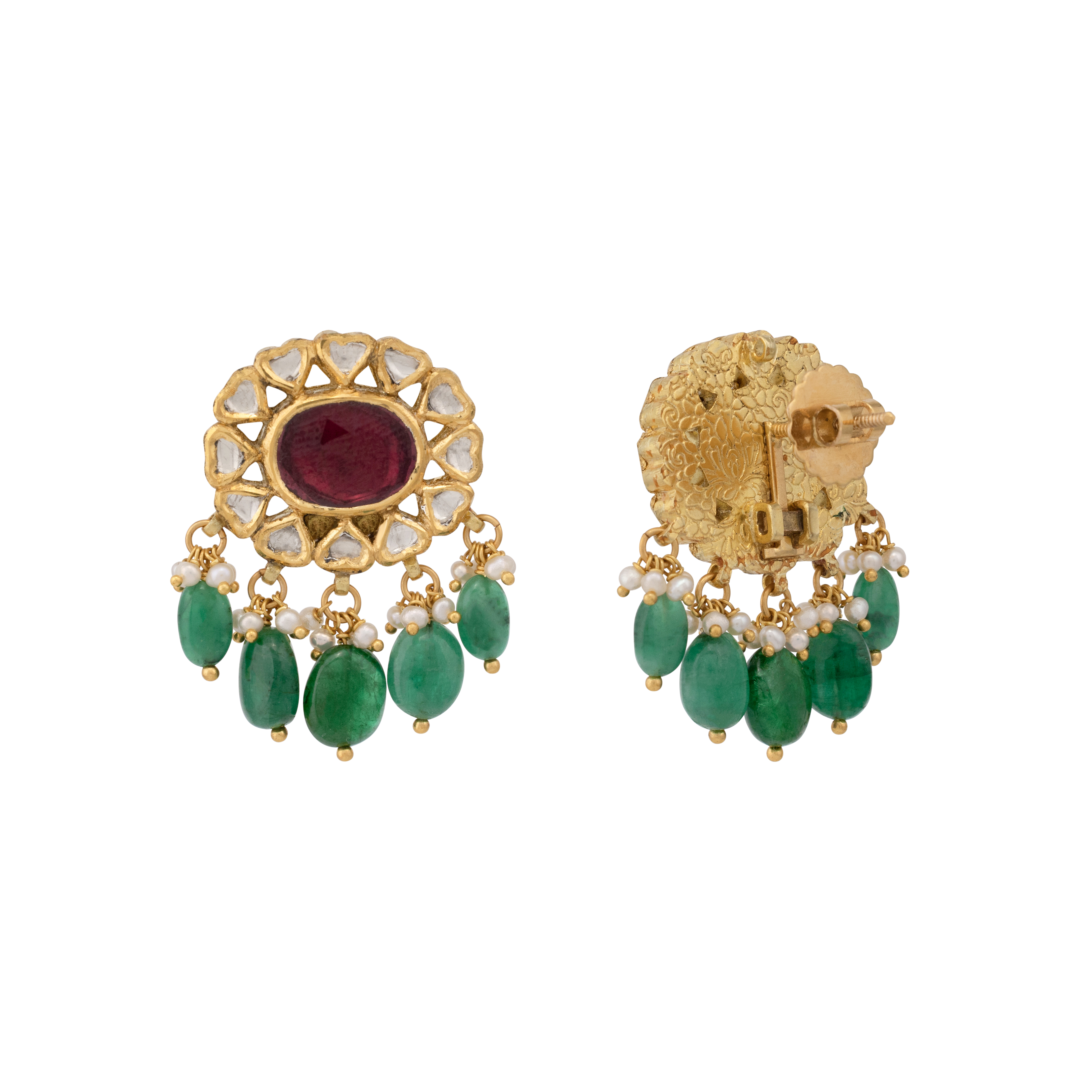 Floral Polki Earring with Ruby Centre and Emerald Drops