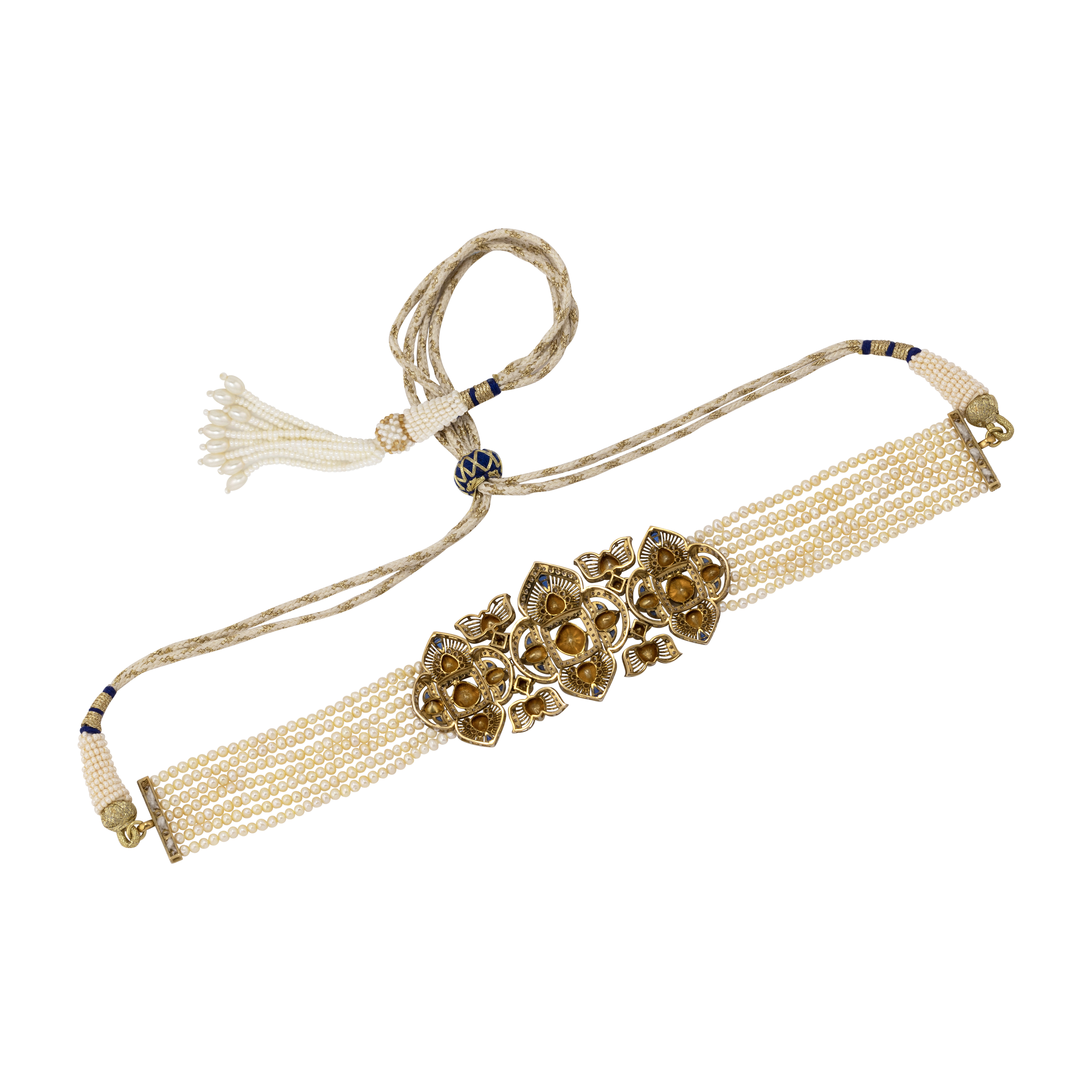 Antique Finish Choker with Blue Detail and Cheed Pearls