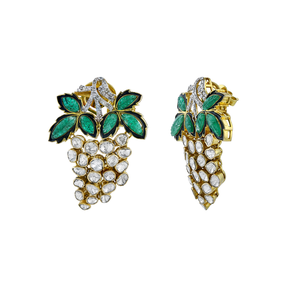 Cluster of Grapes Earrings with Uncut Diamond Polki and Green Talafs