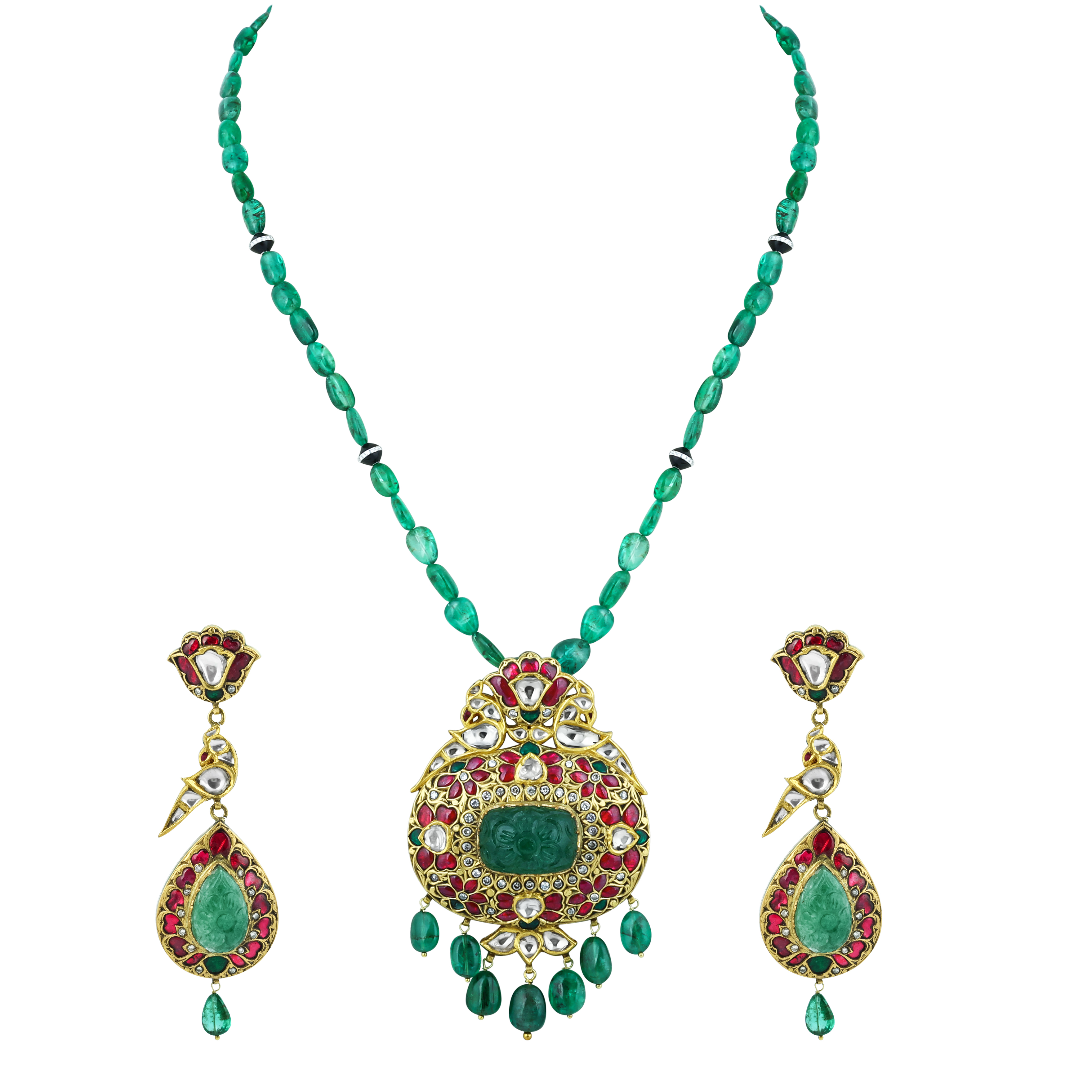 Emerald Bead Necklace Set with Red Talaf Pendant and Polki
