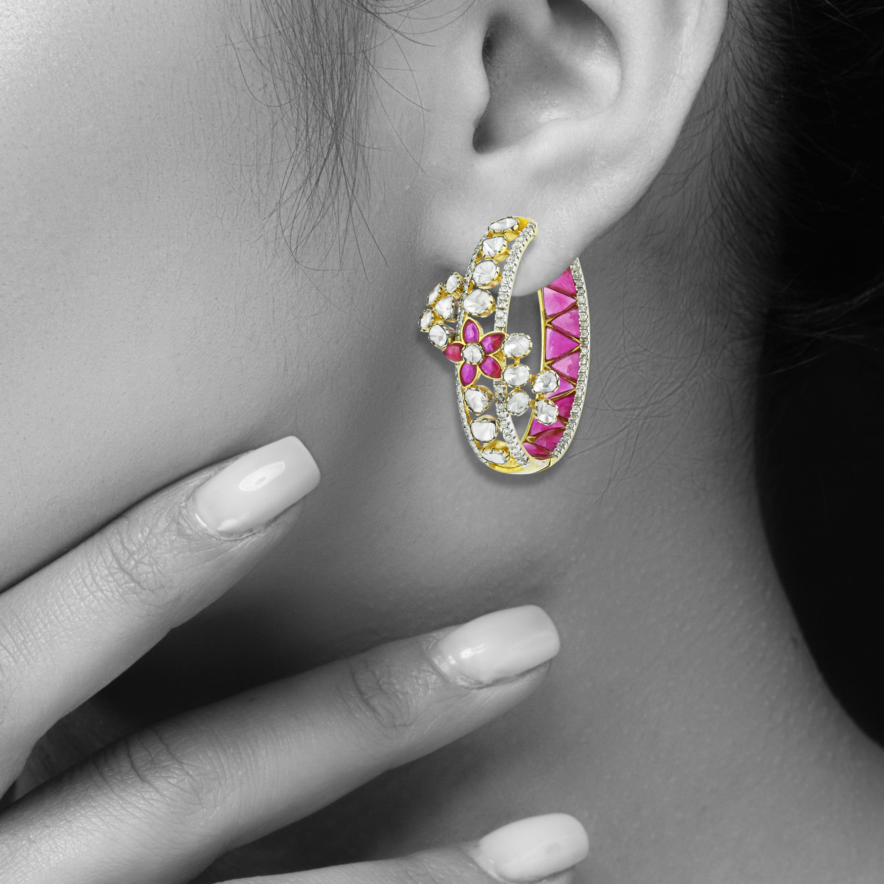 Polki Hoop Earrings with Pink Talaf and Diamonds