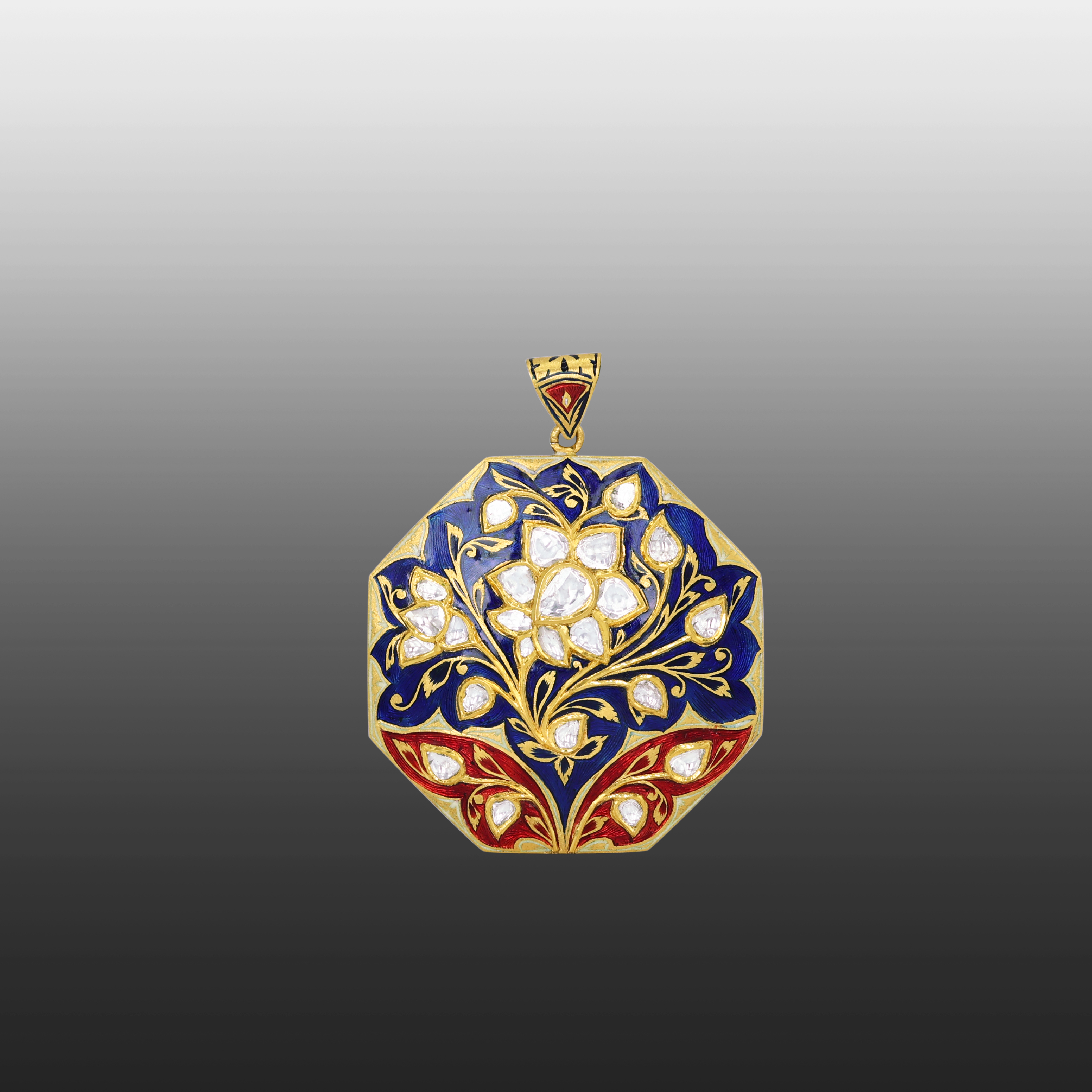 Dual- Sided Polki Pendant with Intricate Floral Enamel