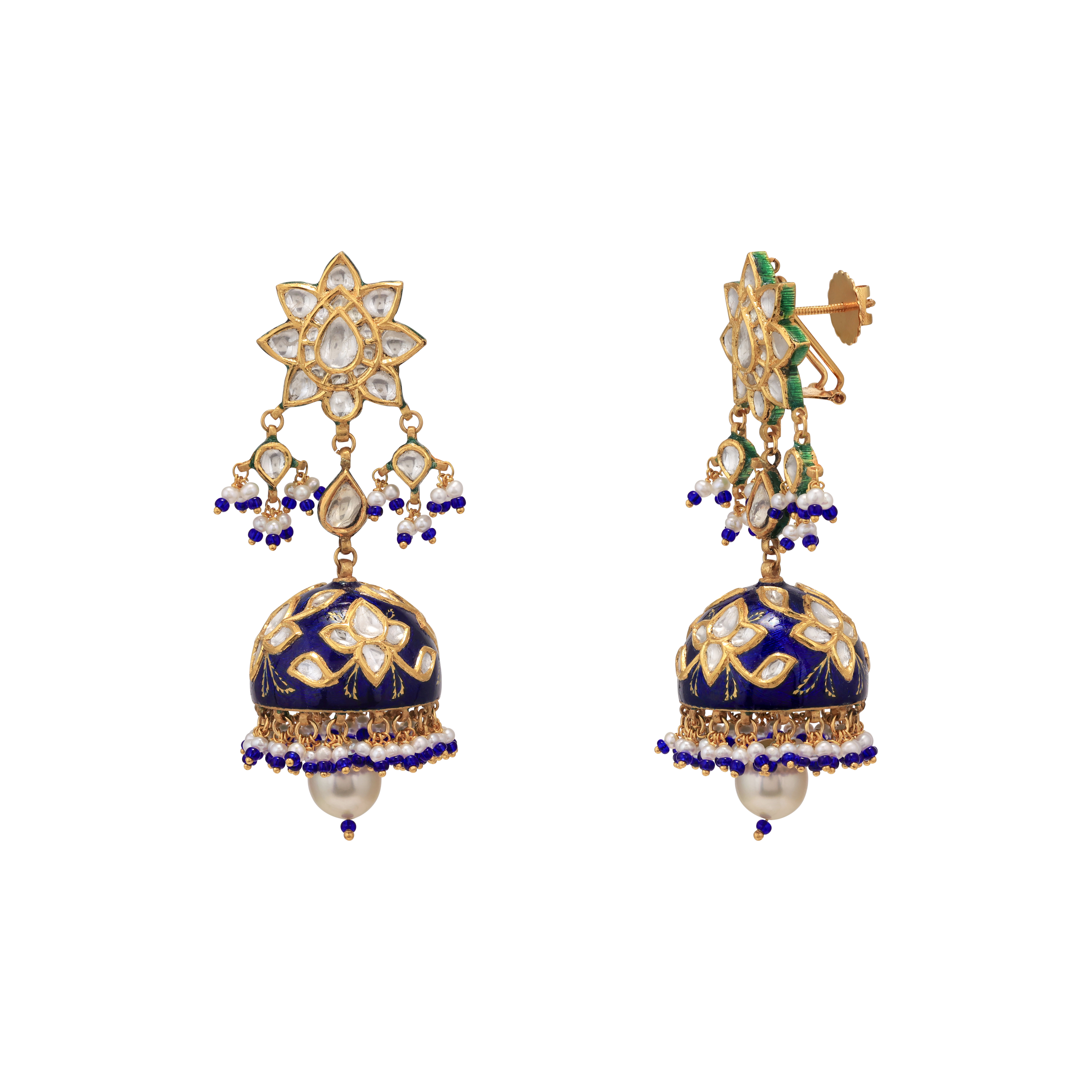 Blue Meenakari Jhumki with Polki and South Sea Pearl Drop