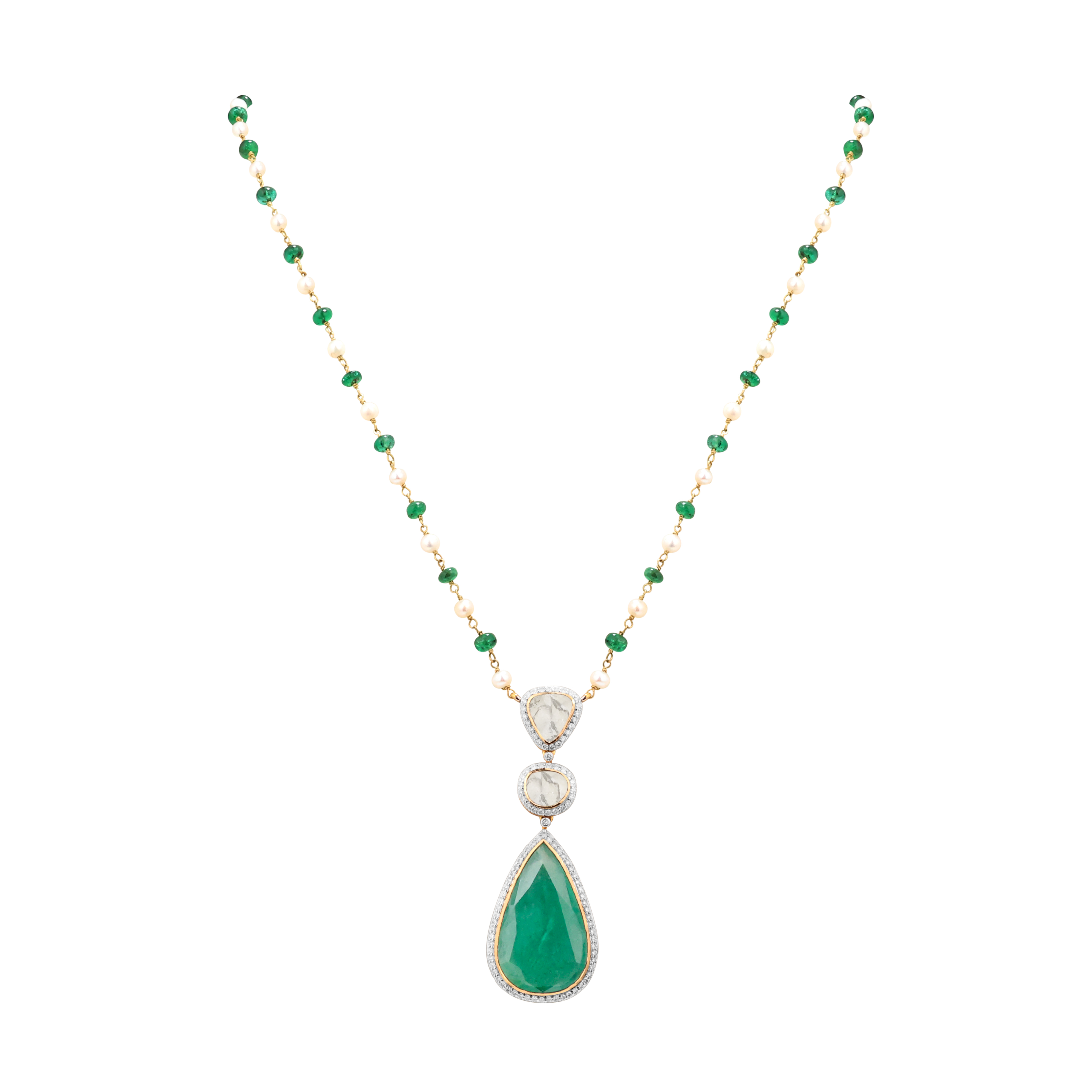 Emerald and Pearl Beaded Necklace with Zambian Pendant Set