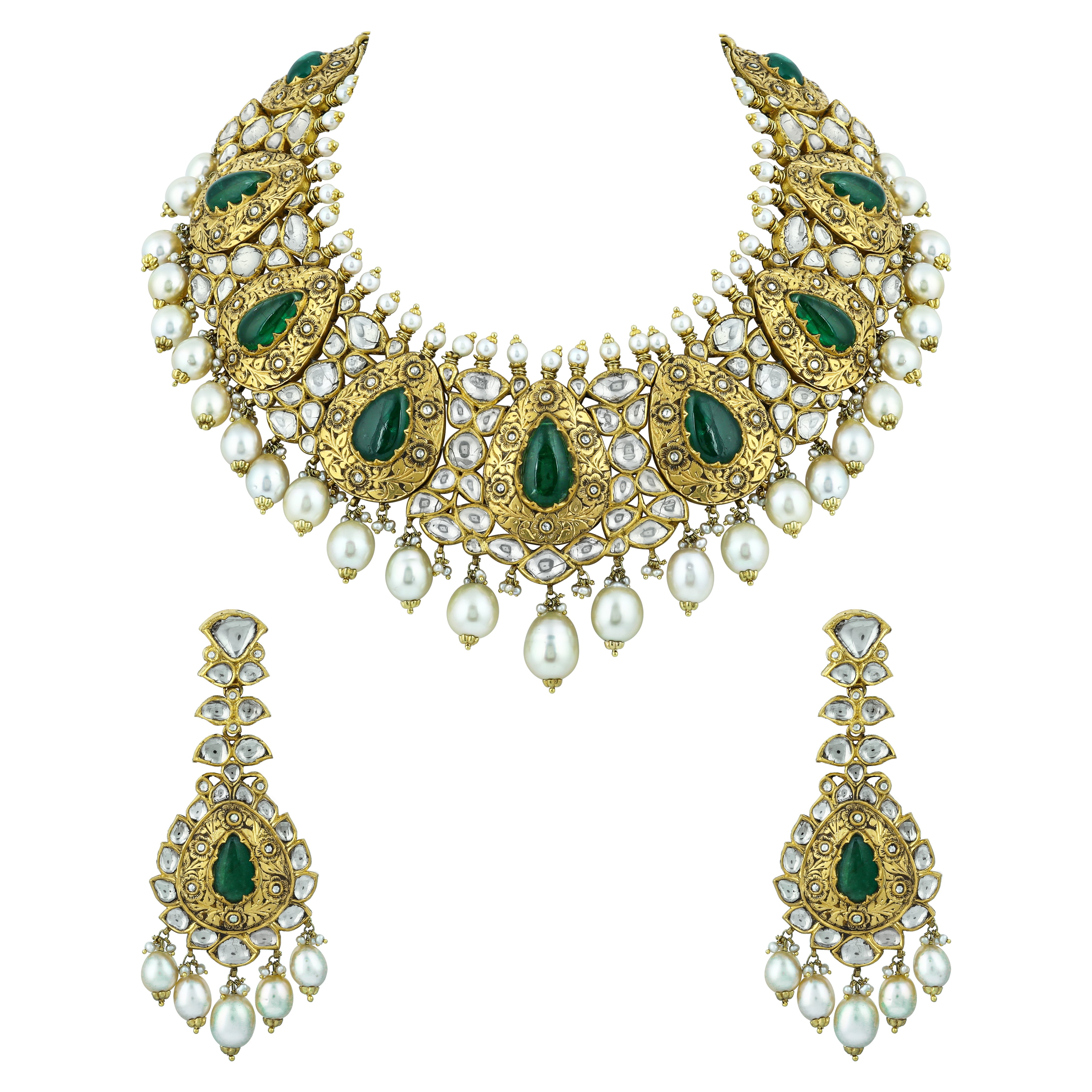 Partash Necklace Set with Uncut Diamonds and Green Pear Cabochons