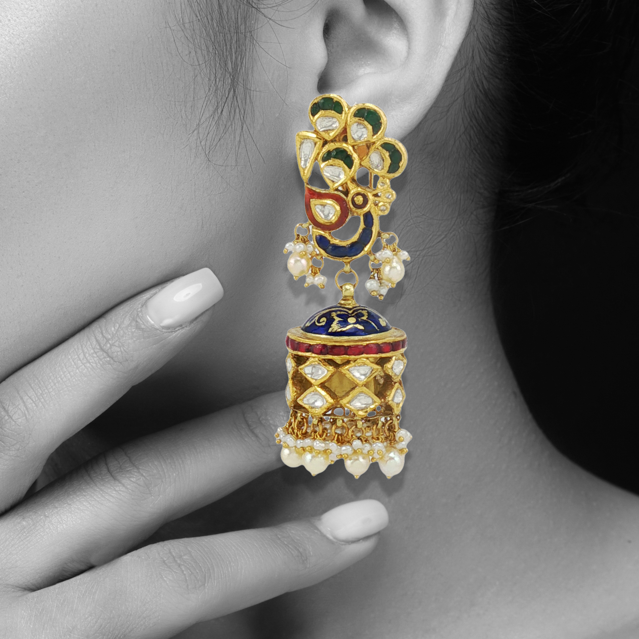 Enamel Polki Jhumkas with Pearls