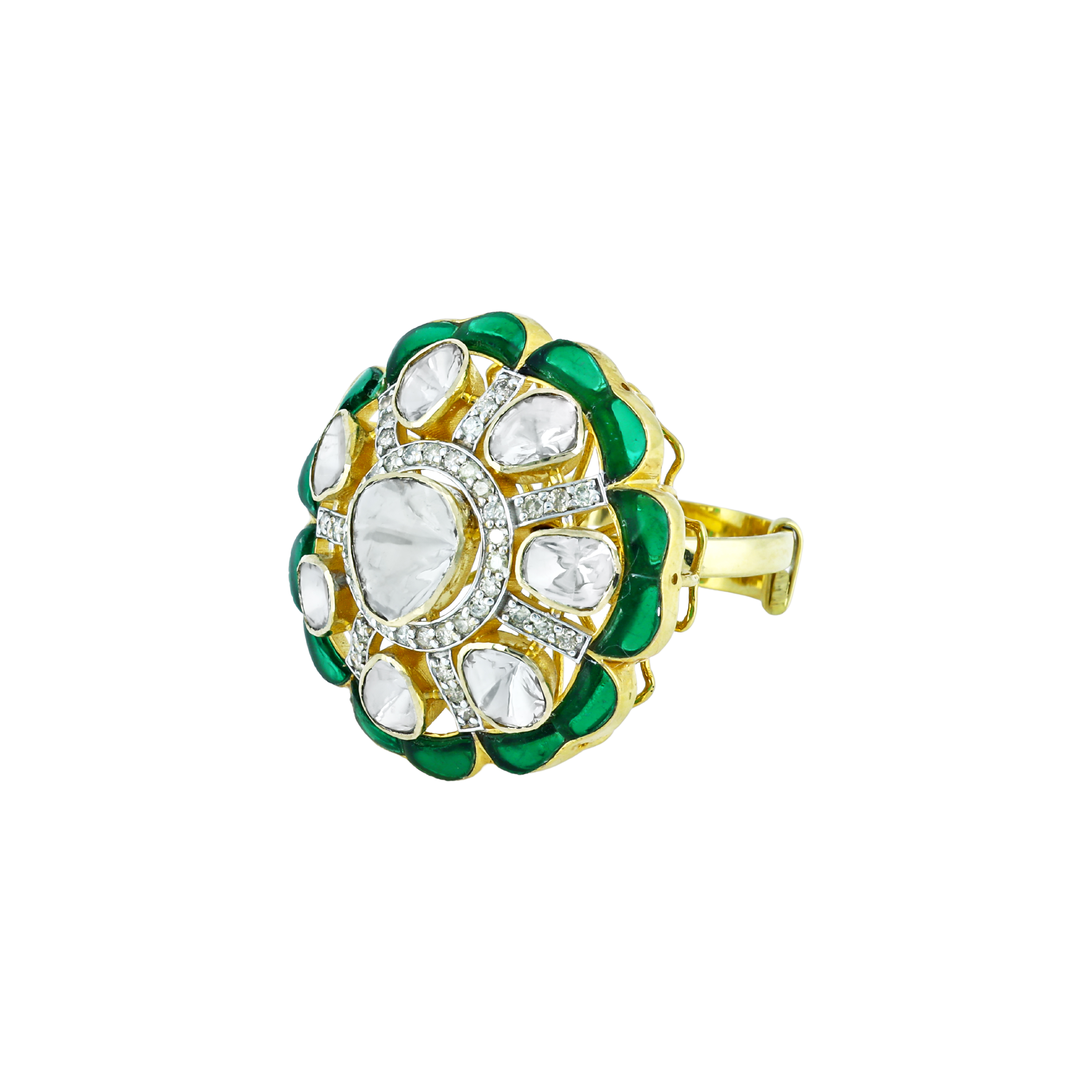 Statement Polki Ring with Green Talaf and Diamond Accents