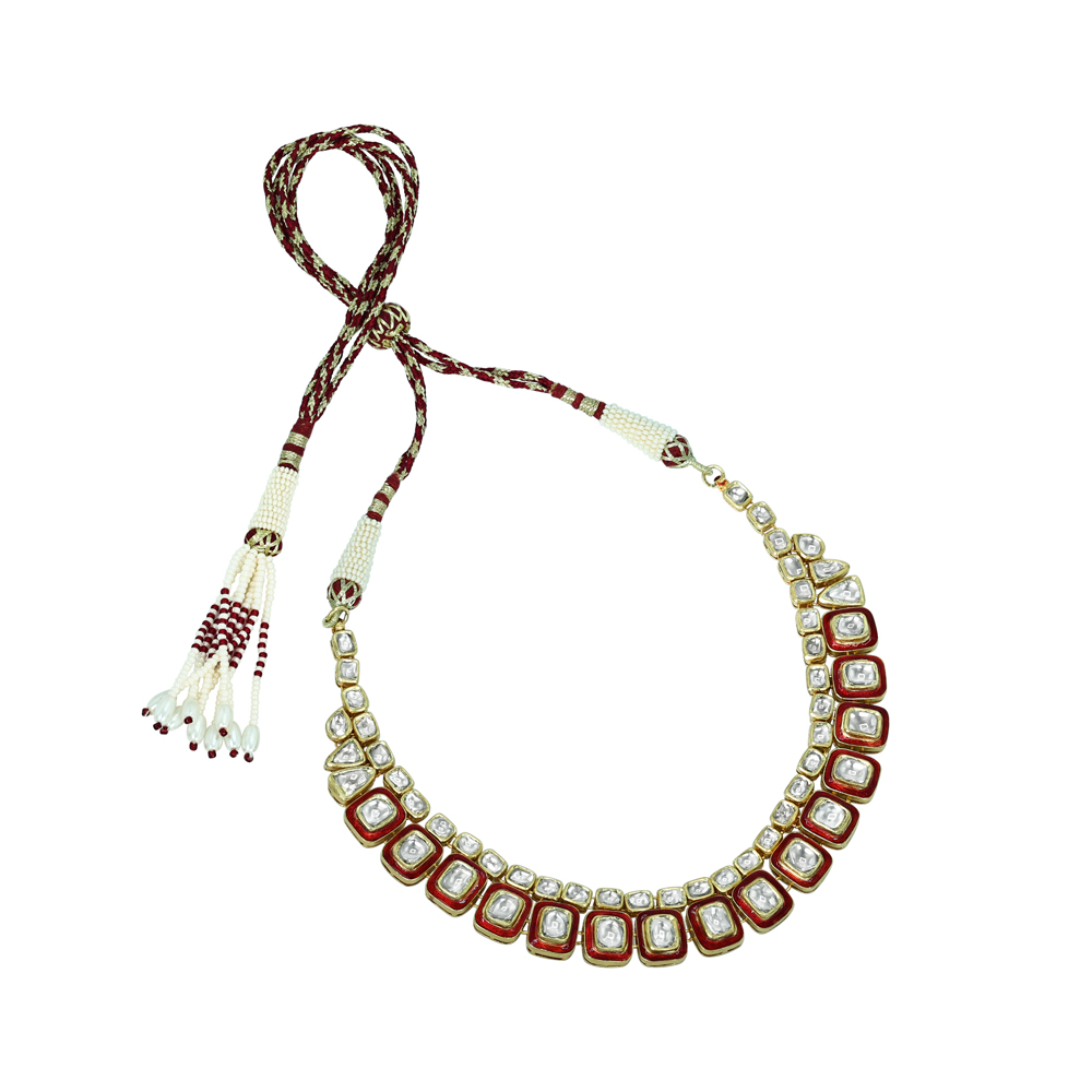 Square and Rectangular Polki Necklace with Red Enamel