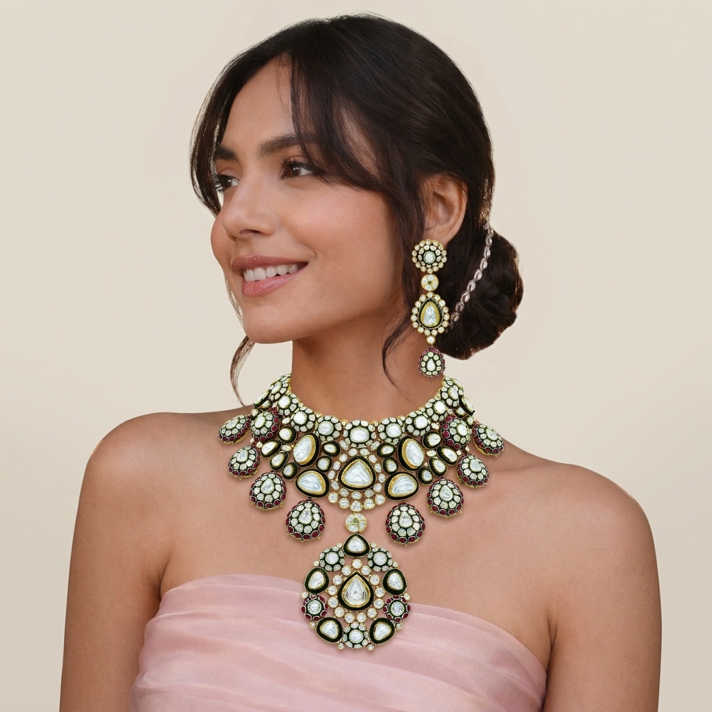 Bridal Polki Choker with Rubies, Green Meena, and Makadi Design Necklace Set