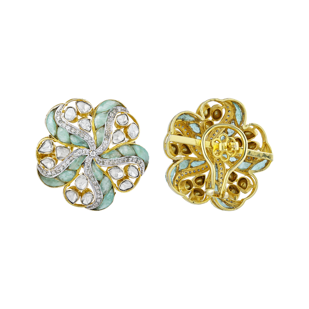 Floral Polki Earrings with Soft Green Talaf and Polki Swirl Design