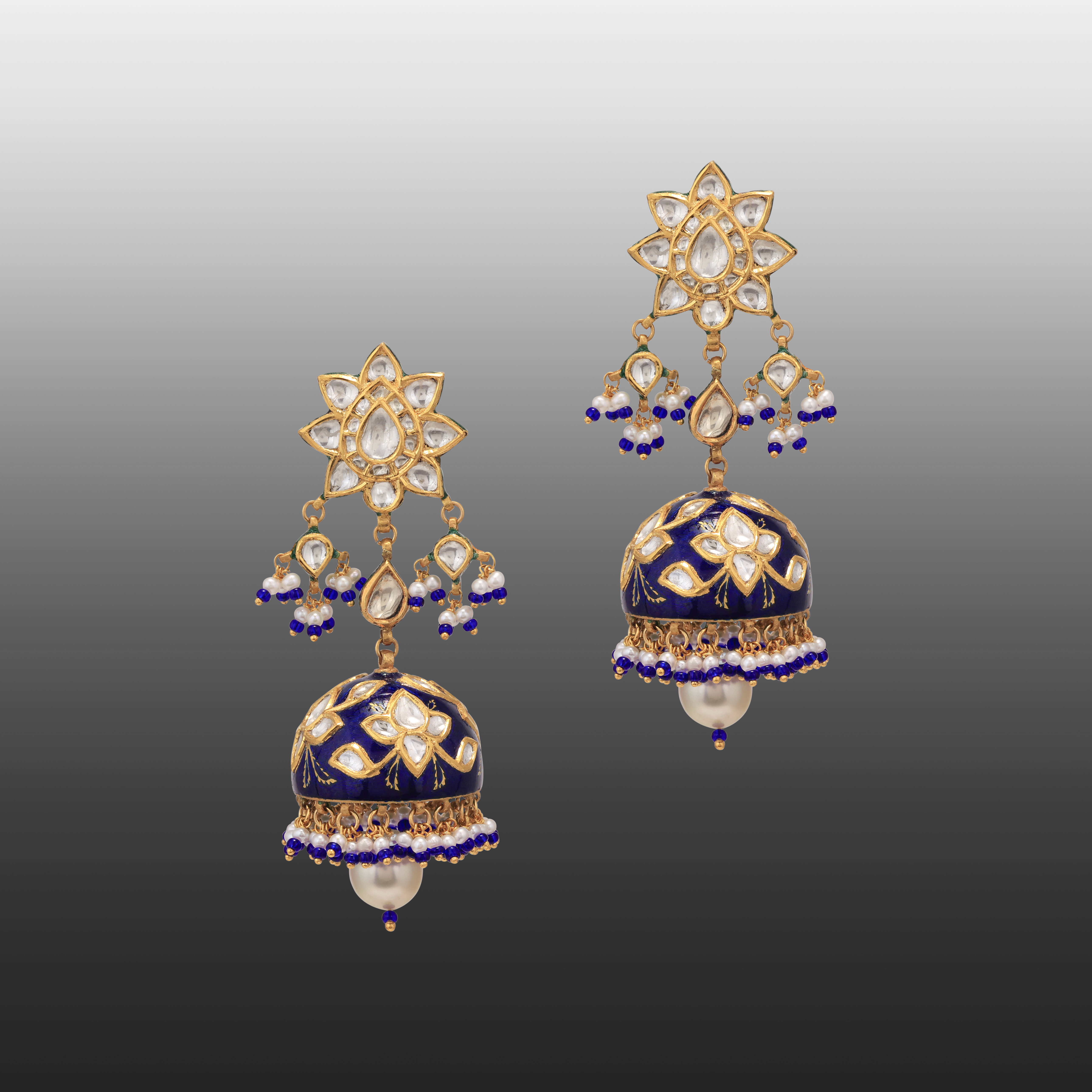 Blue Meenakari Jhumki with Polki and South Sea Pearl Drop