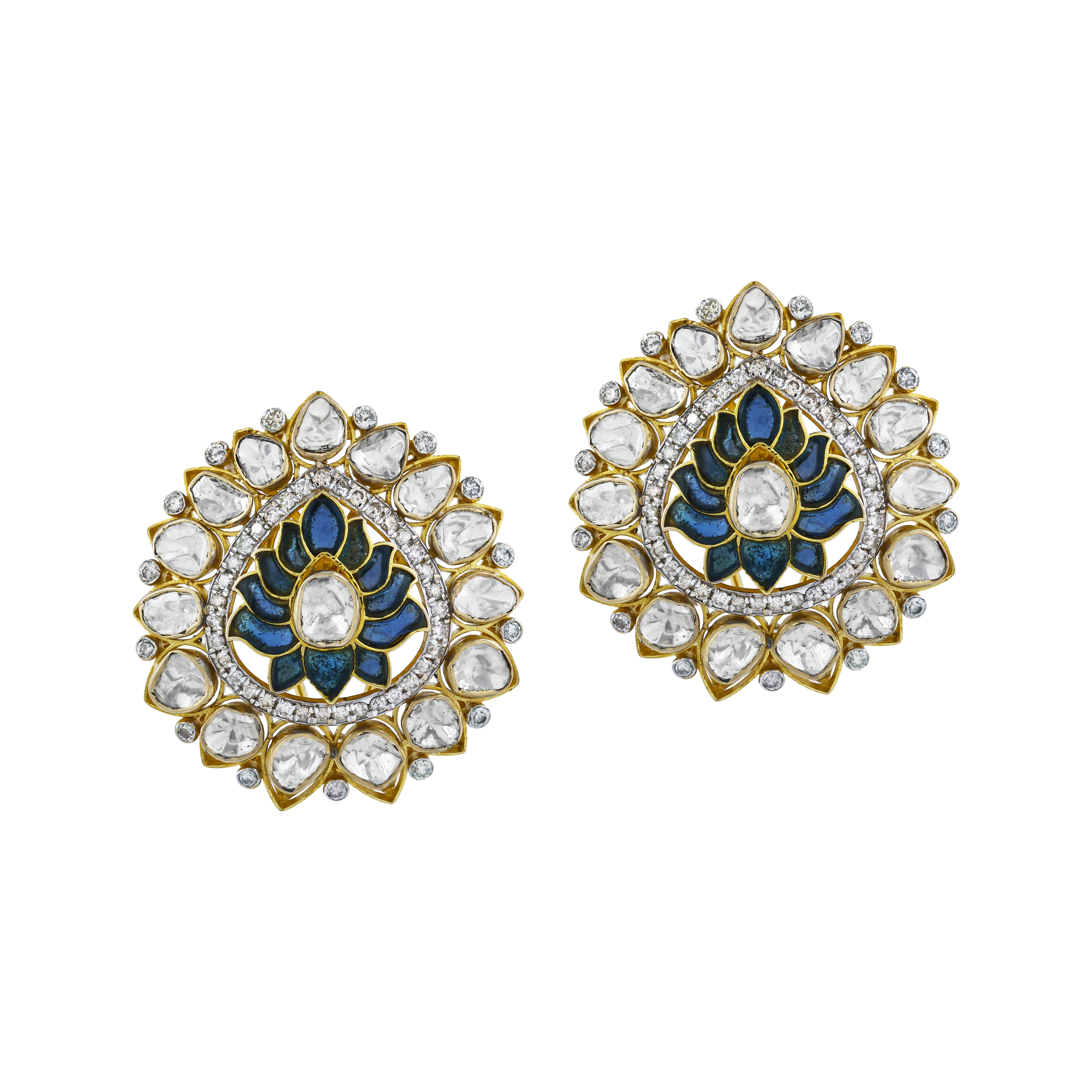 Blue Talaf Lotus Earrings with Uncut Diamonds