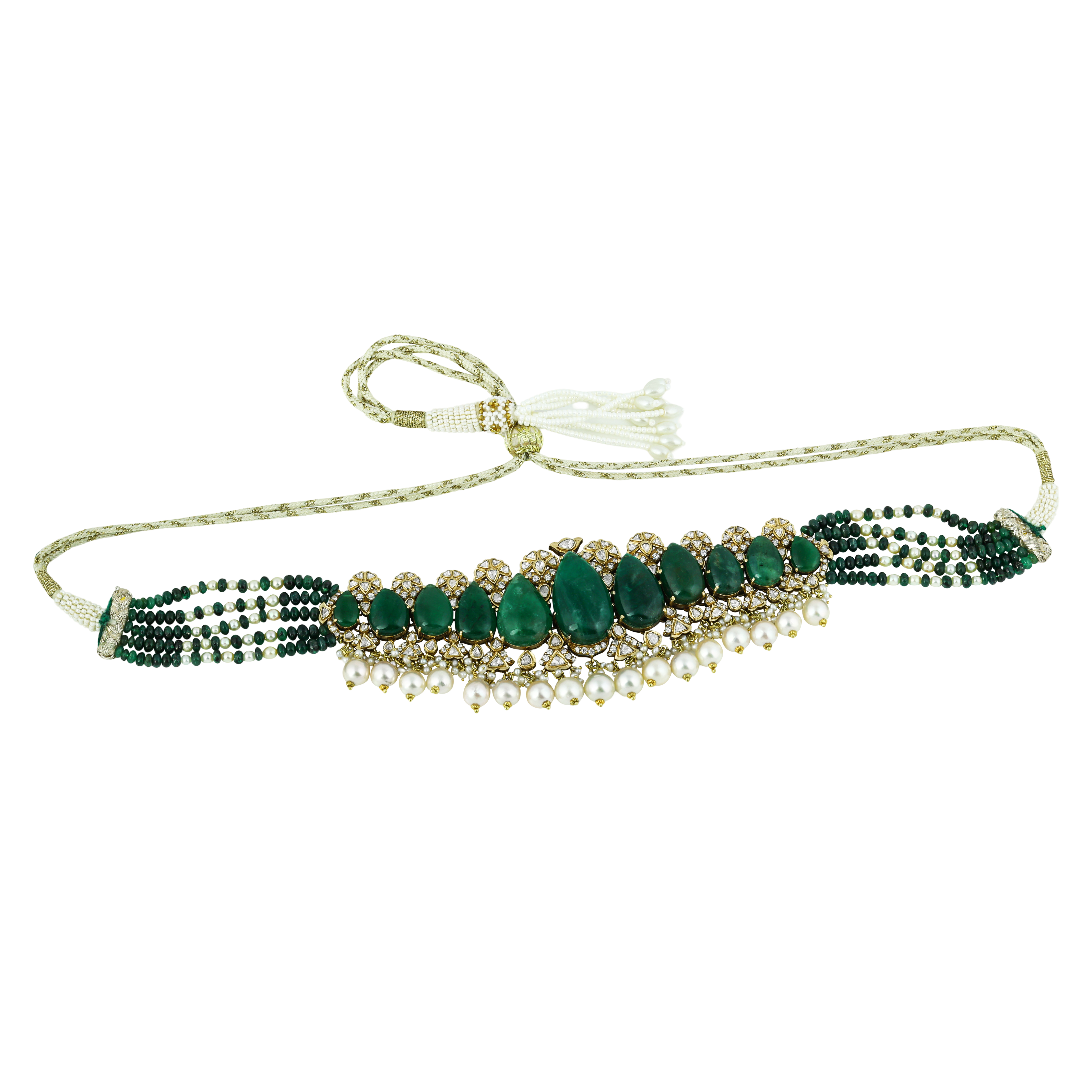 Emerald Drop Cabochon Choker Set with Polki Diamonds and Pearls