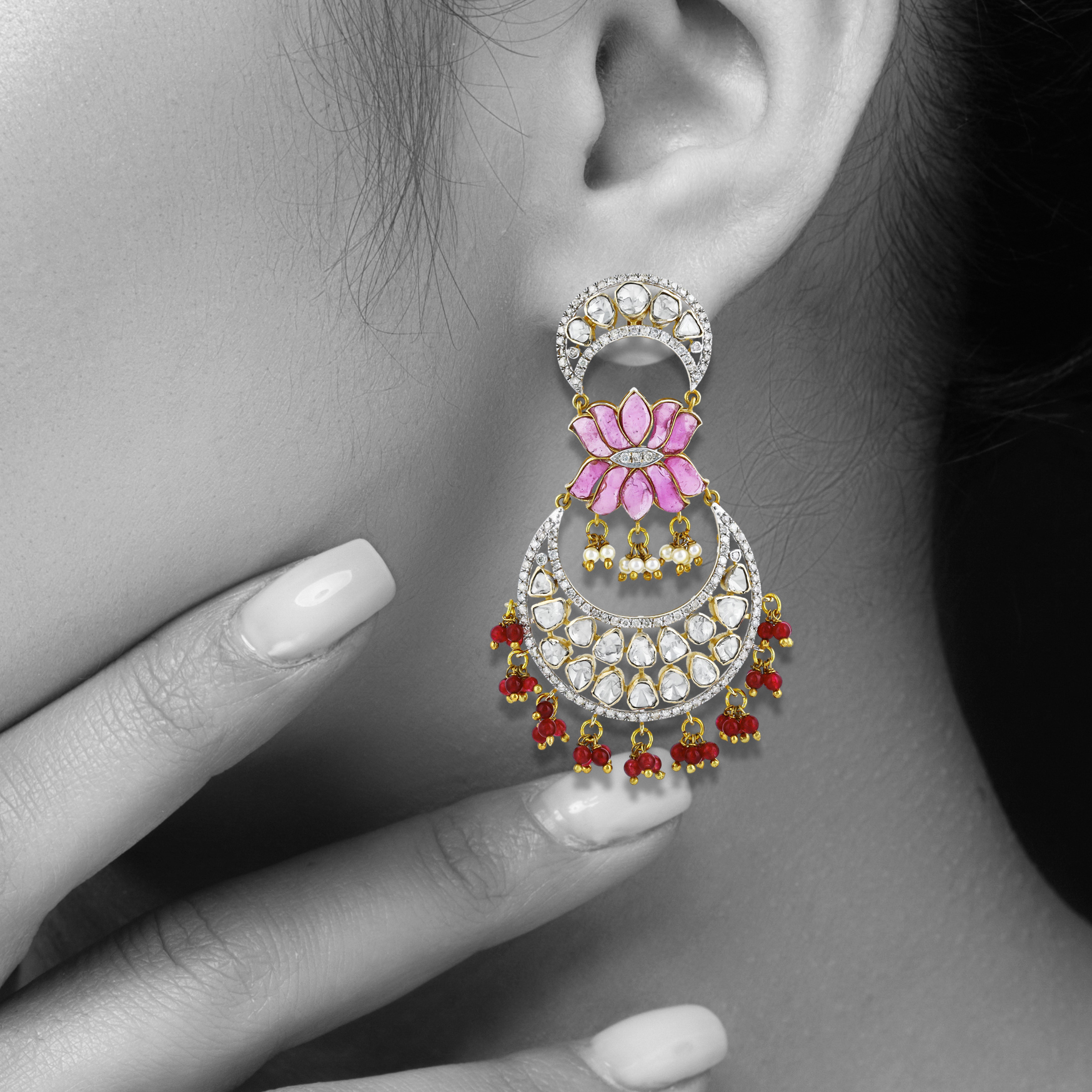 Lotus Polki Earrings with Pink Talaf, Red Drops, and Lotus Design