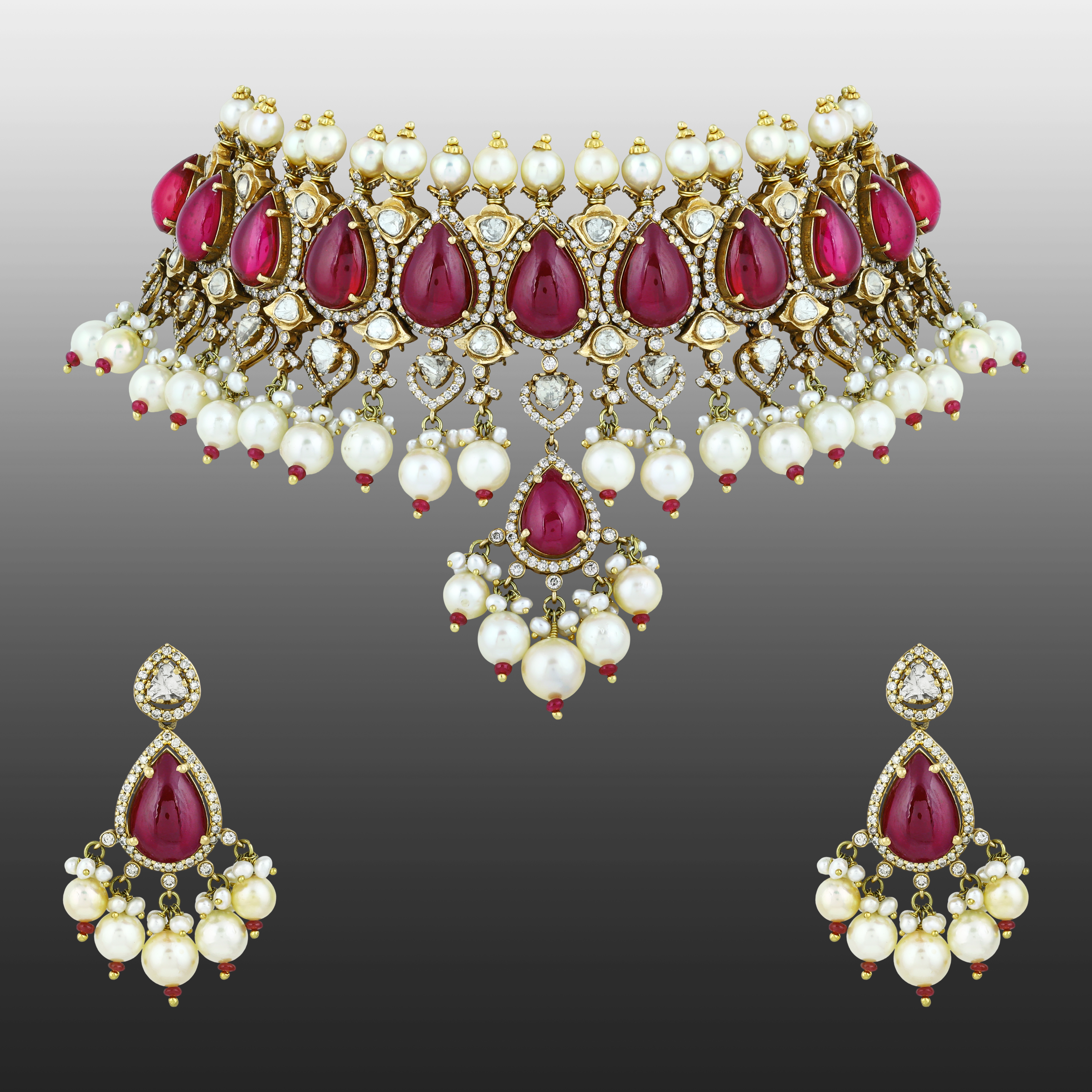 Ruby Colourstone Teardrop Choker Set with Polki Diamonds & Pearls
