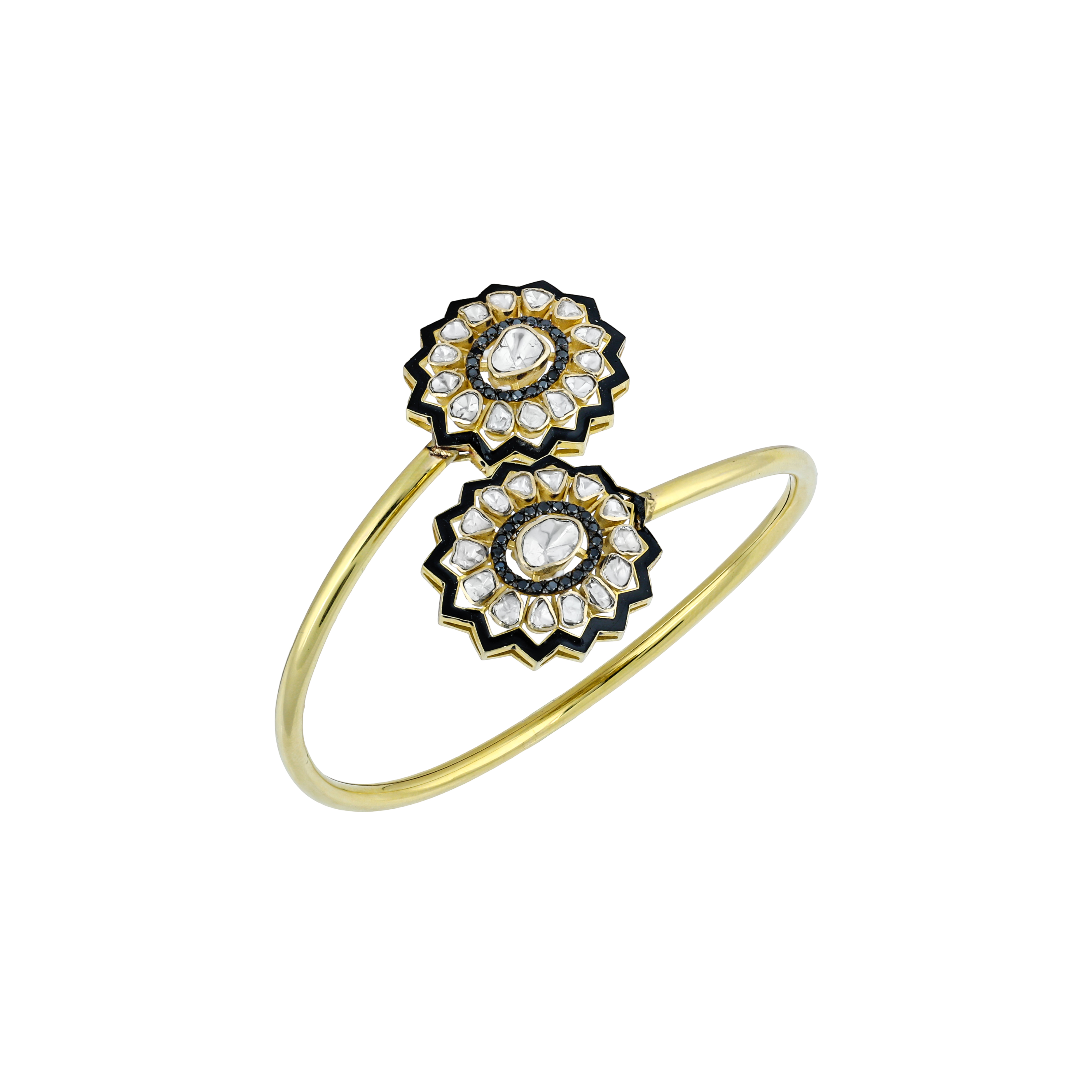 Minimalistic Bangle with Polki Clusters, Black Enamel, and Diamonds