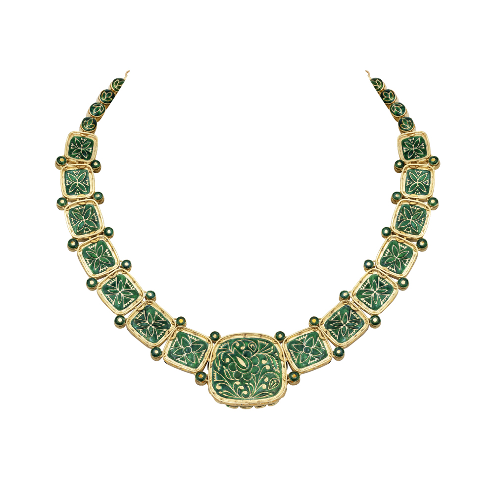 Uncut Polki Necklace with Green Enamel Chuddi Work