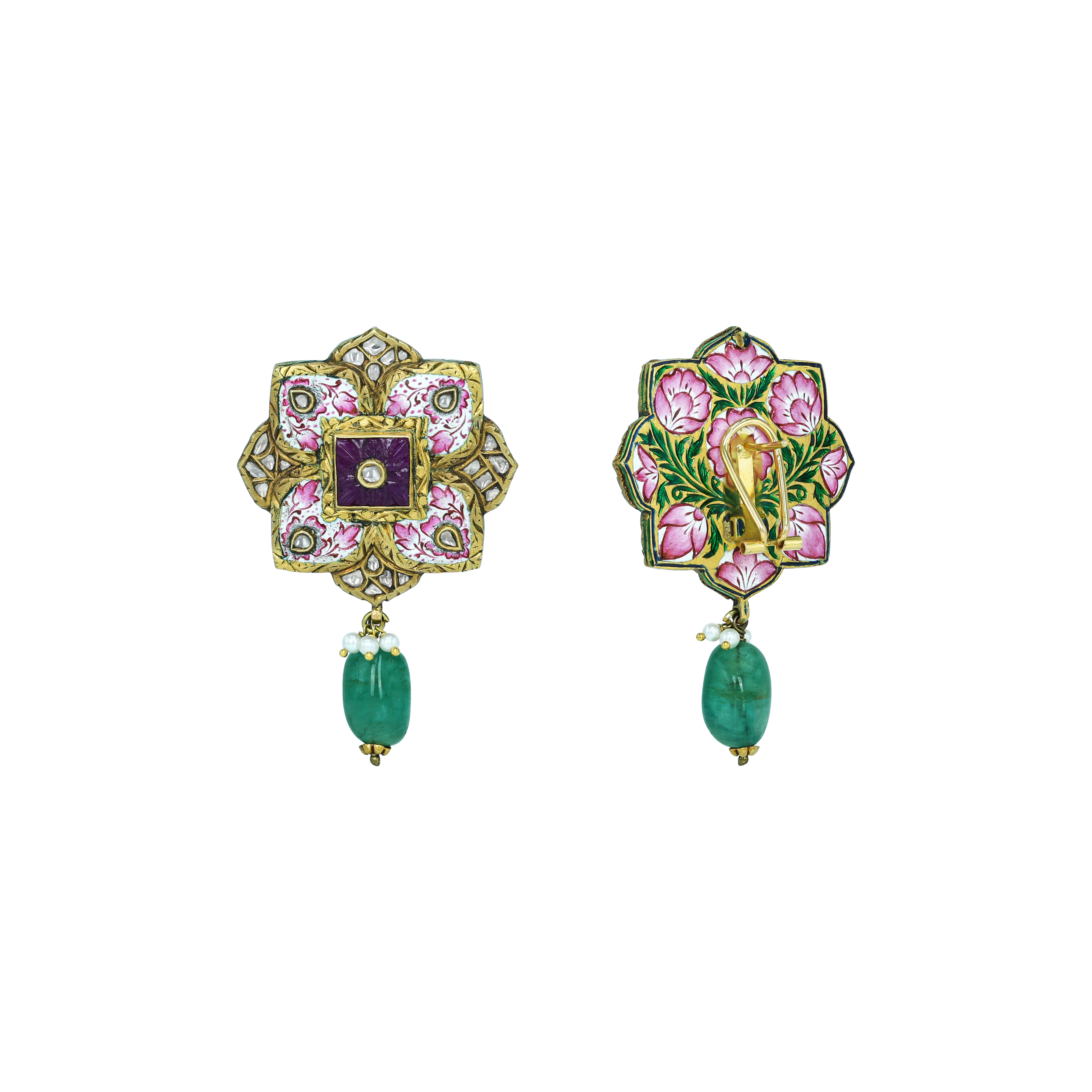 Floral Enamel Earrings with Polki and Emerald Drop