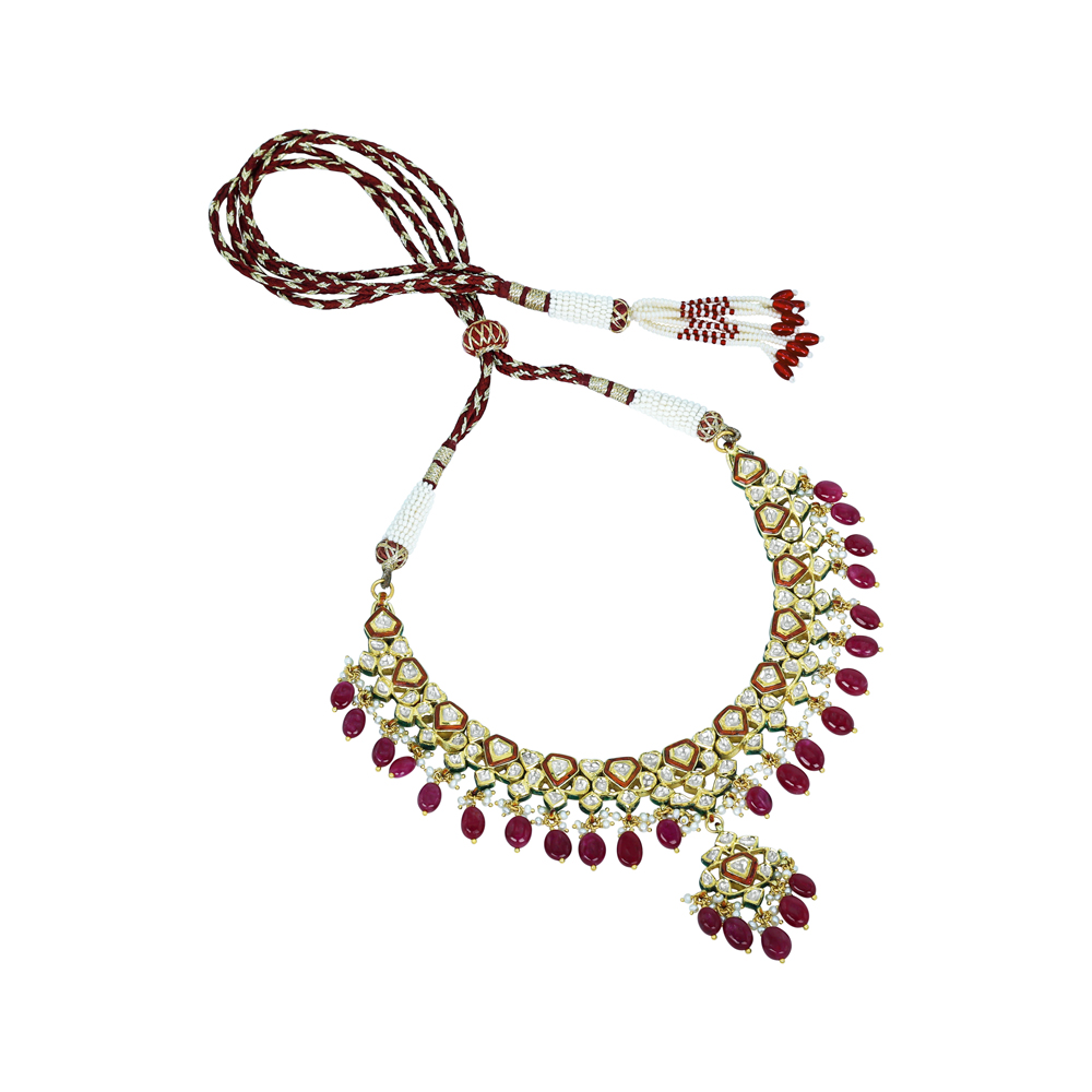 Polki Necklace with Ruby Drops and Red Enamel
