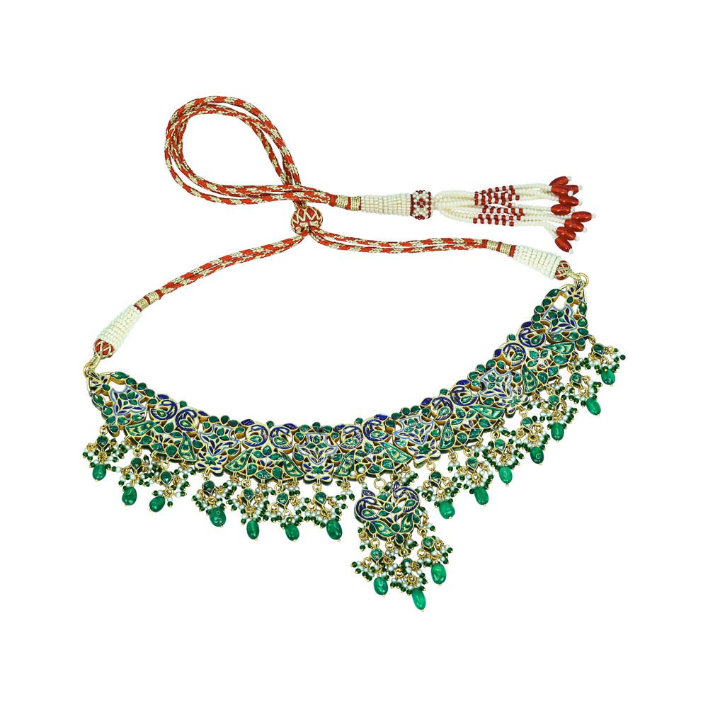 Floral Polki Necklace with Emerald Drops and Enamel