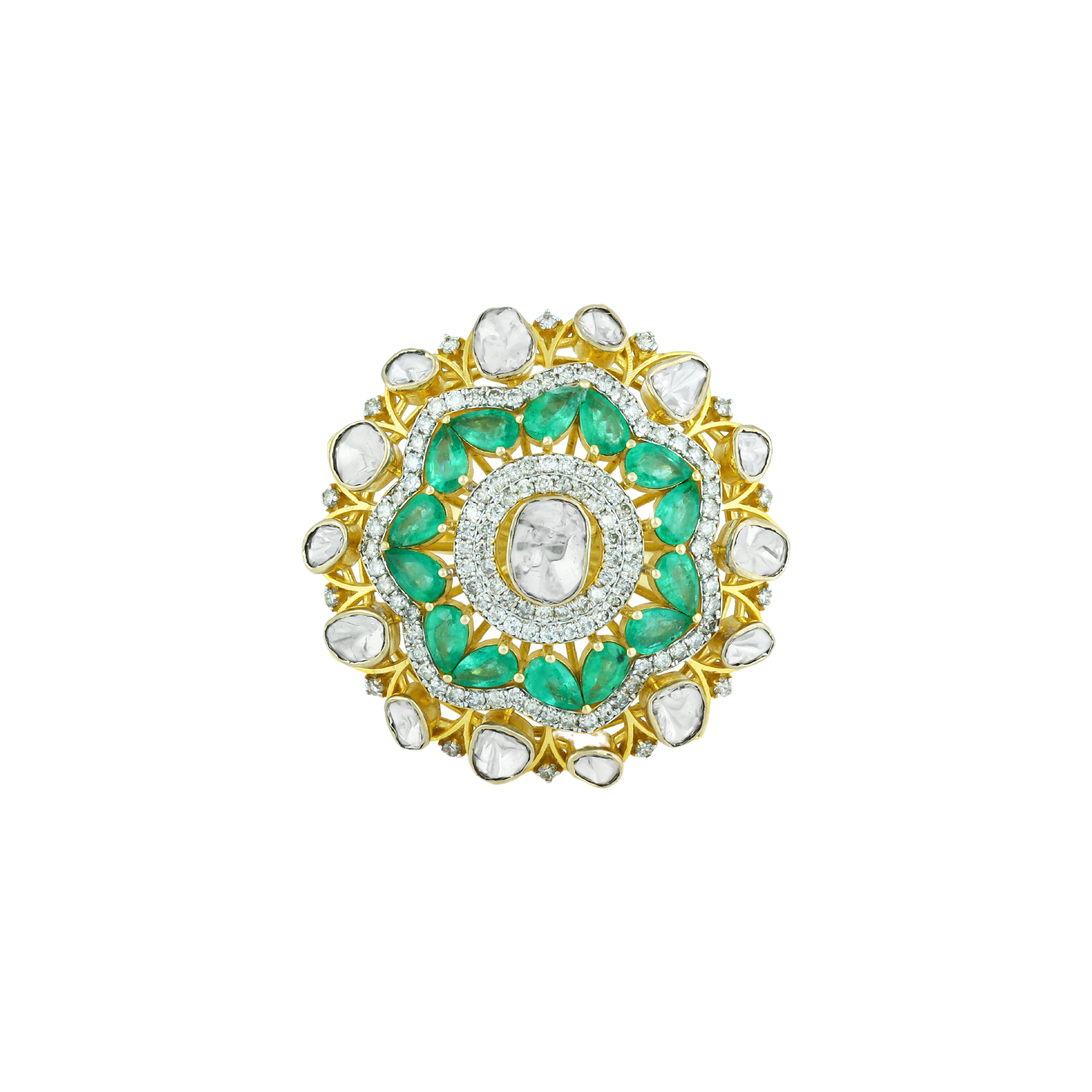 Polki Ring with Green Cut Stone and Diamond Border