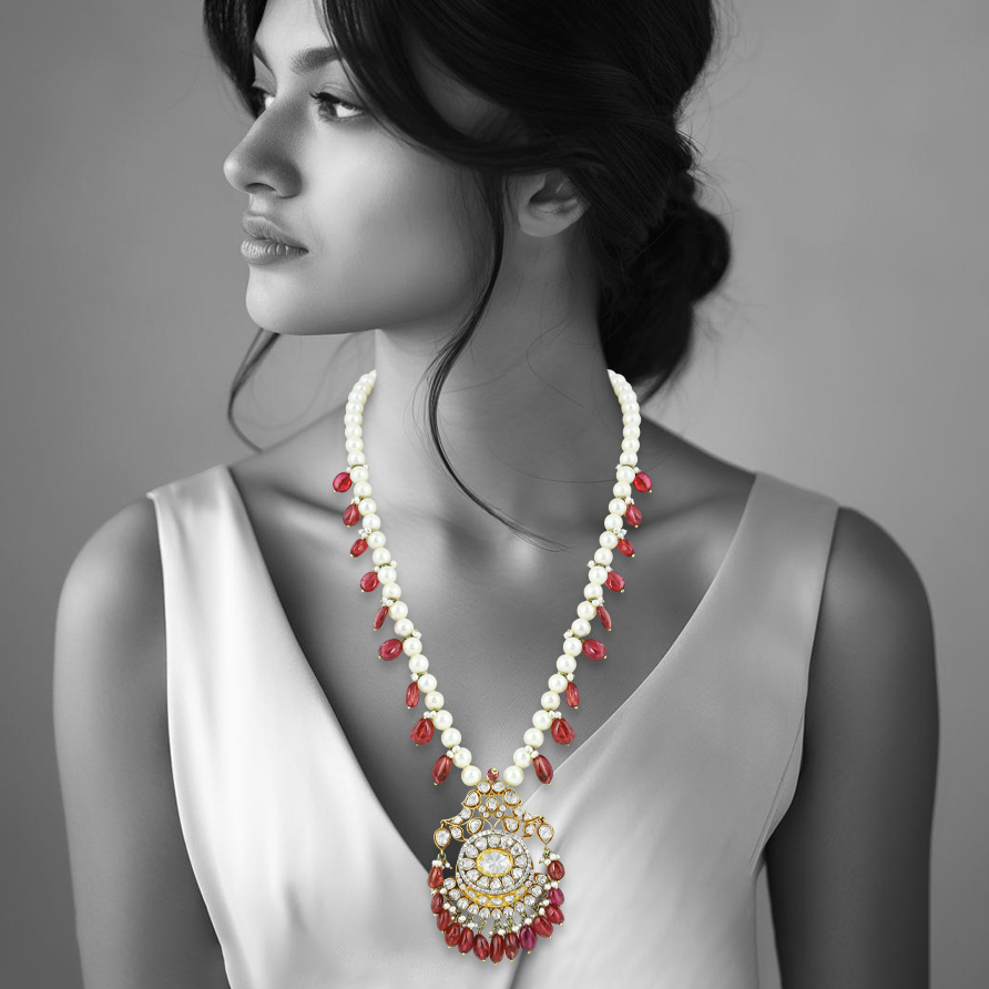 Pearl Necklace with Tourmalines & Uncut Diamond Pendant