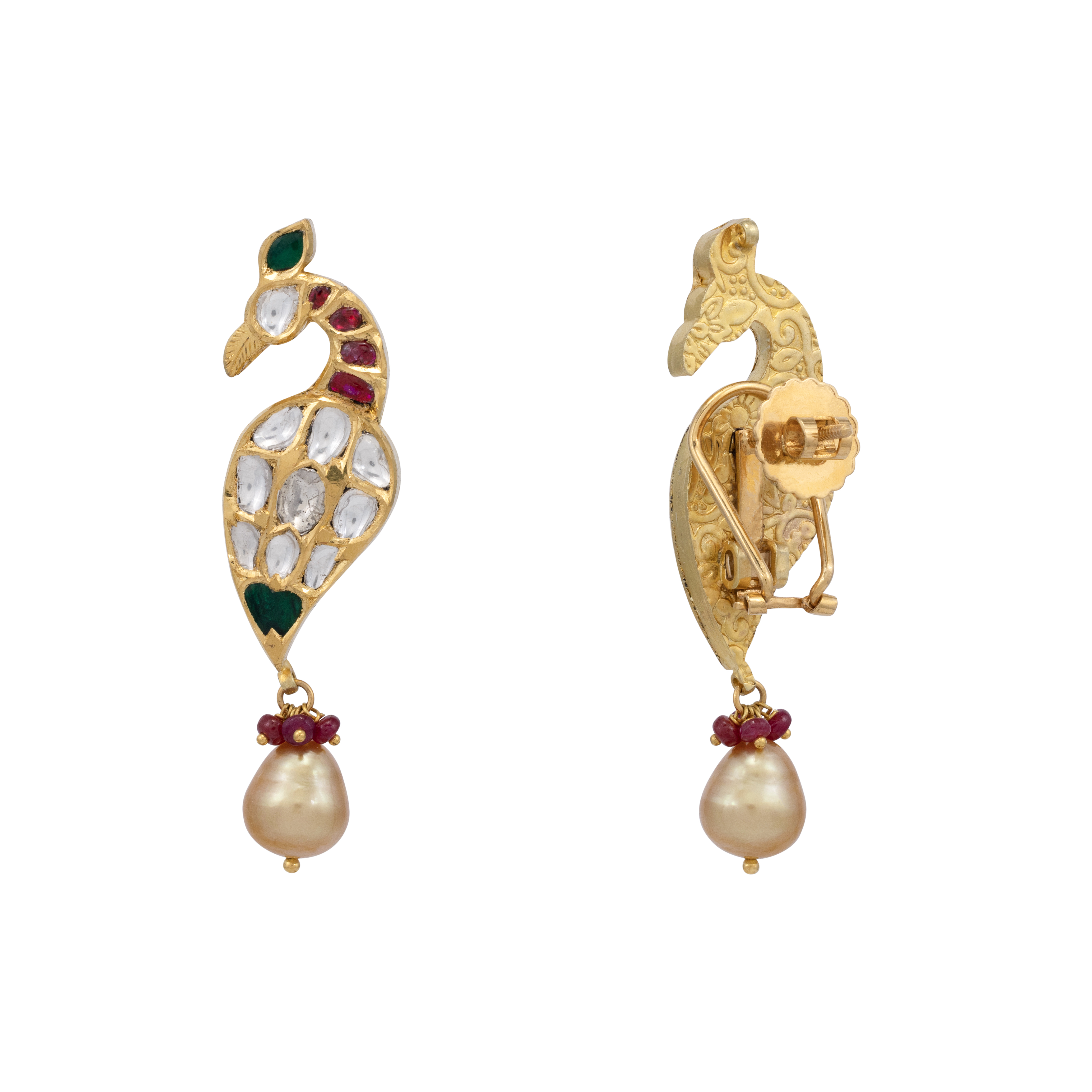 Peacock Motif Earrings with Uncut Polki and Pearl