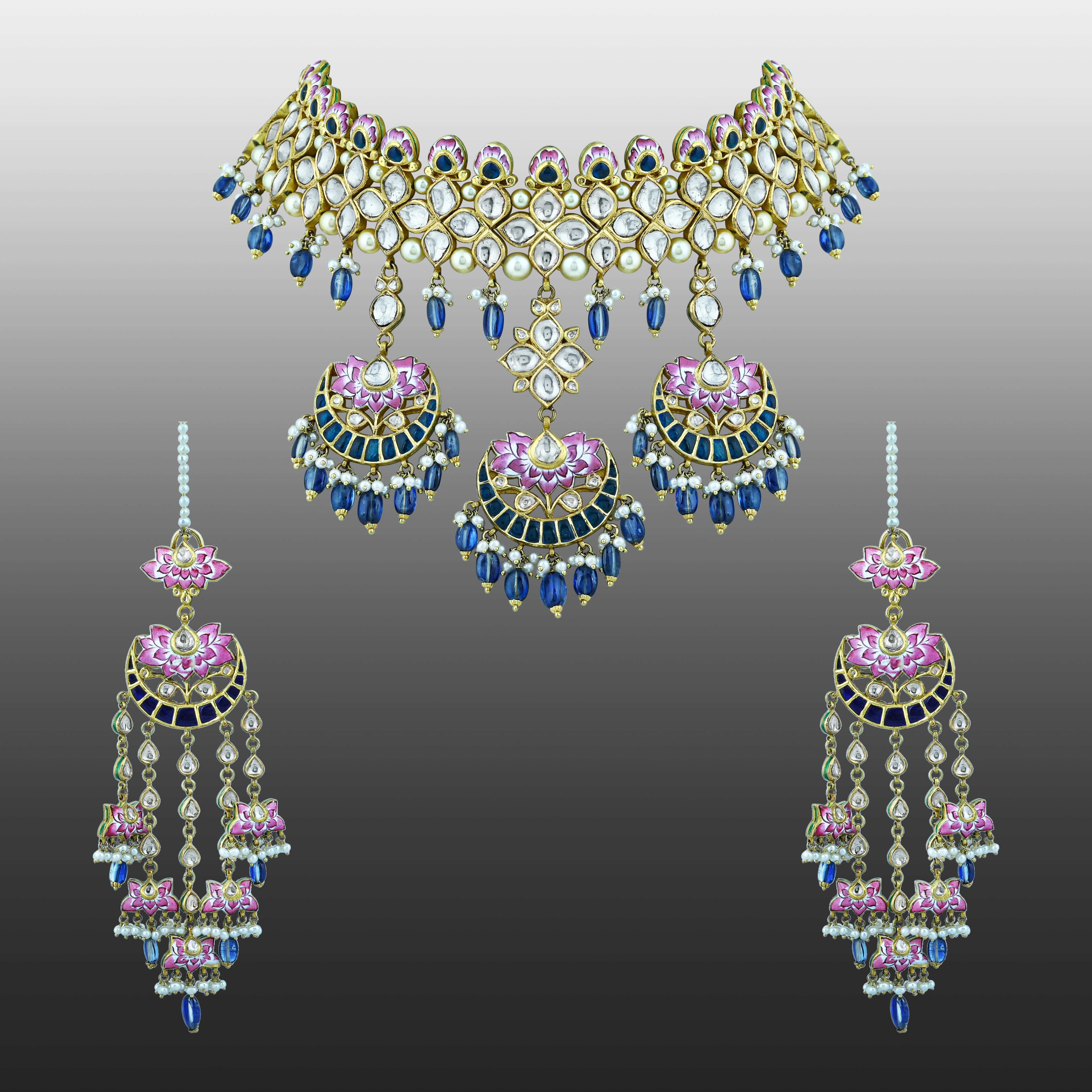 Lotus Enamel Choker Set with Polkis and Blue Kinite Beads