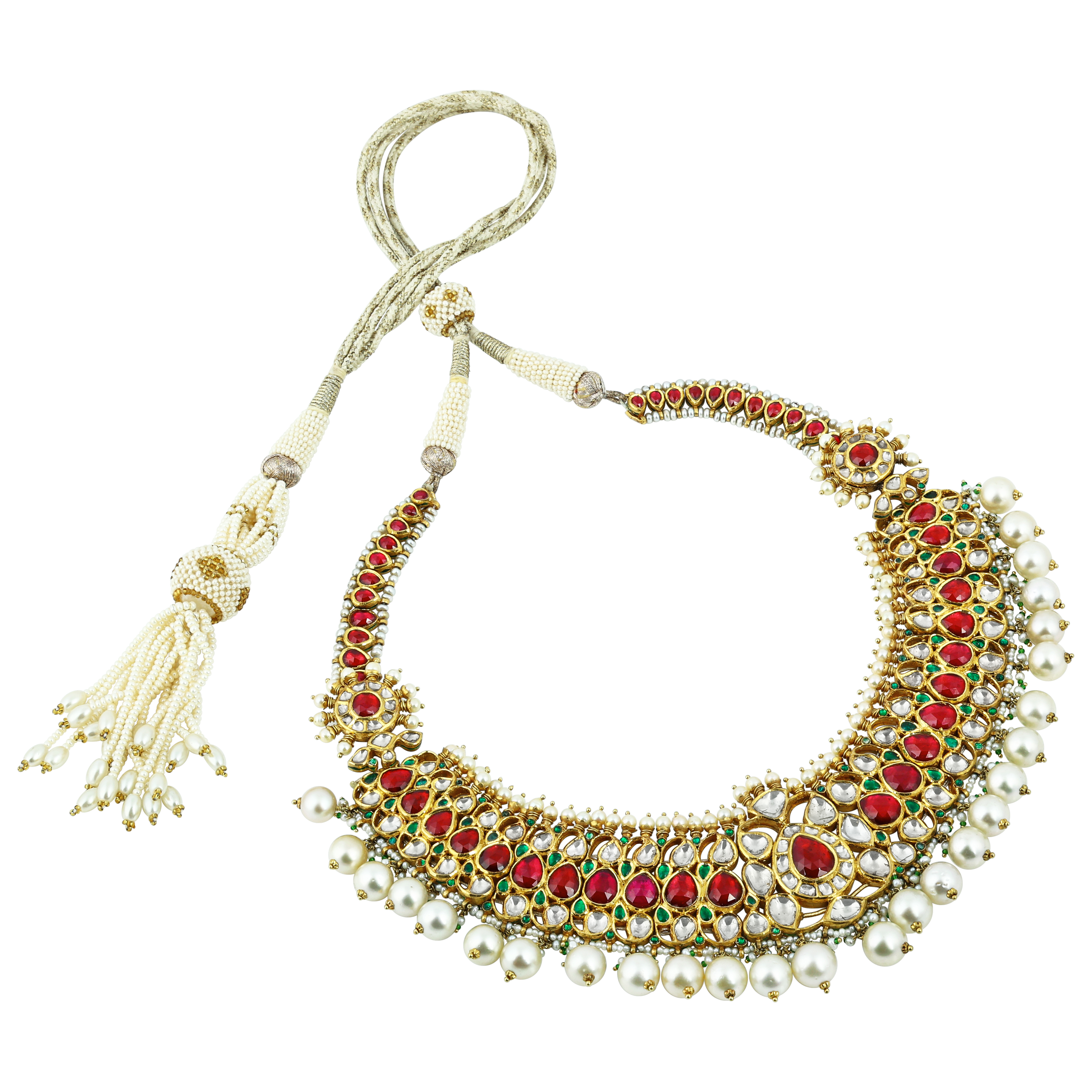 Red Stone Necklace Set with Polkis & Pearl Drops