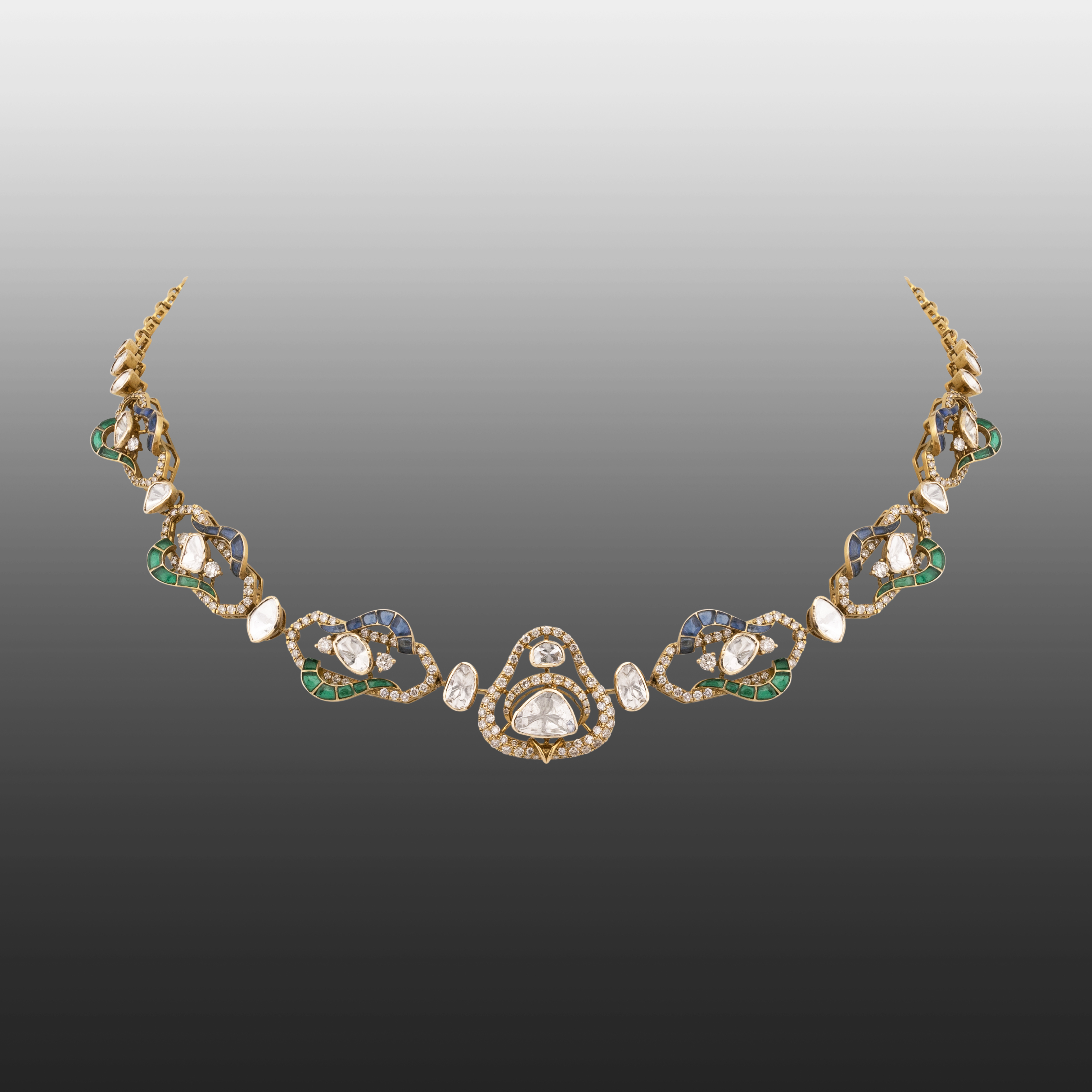 Polki Necklace with Blue-Green Talaf and Linked Motifs