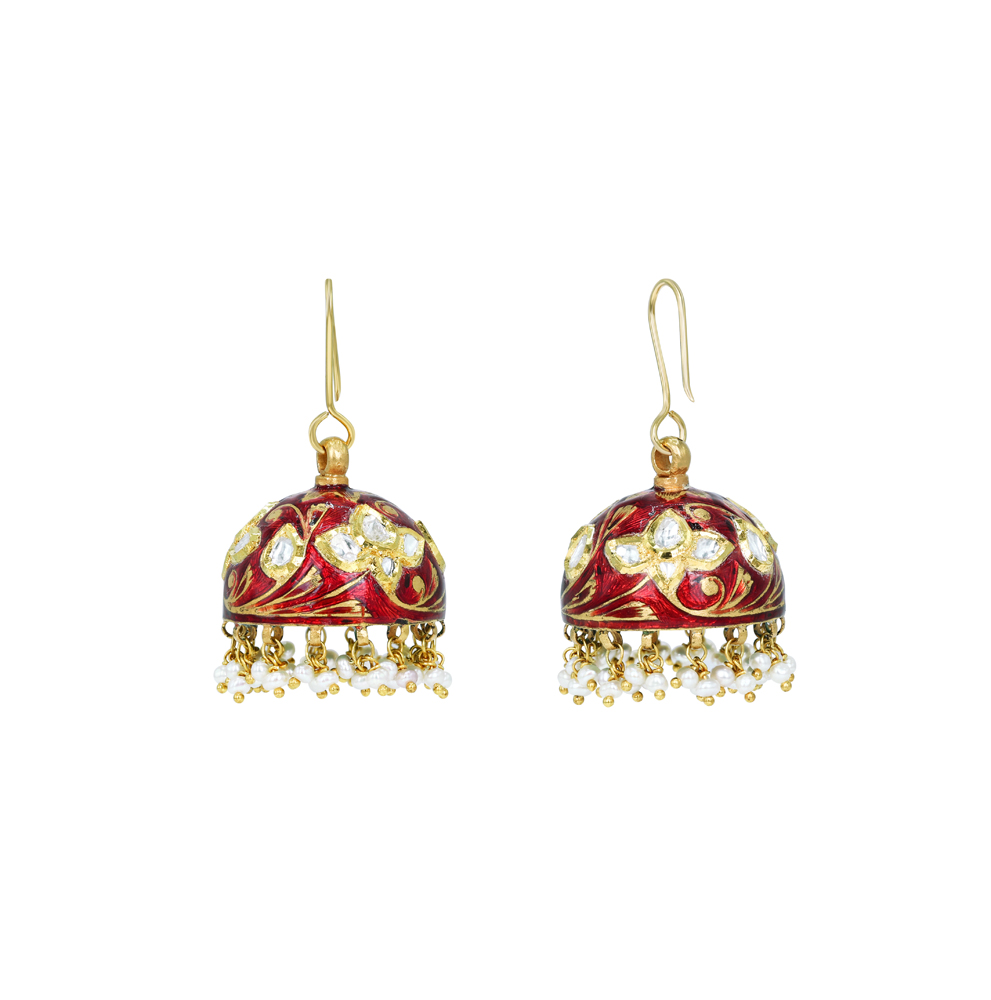 Red Enamel Polki Jhumkas with Floral Motifs and Pearl Beads
