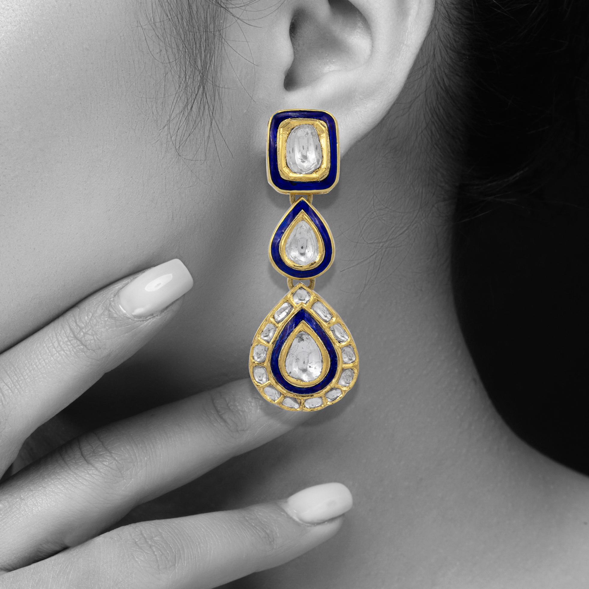 Three-Drop Polki Earrings with Enamel Detailing