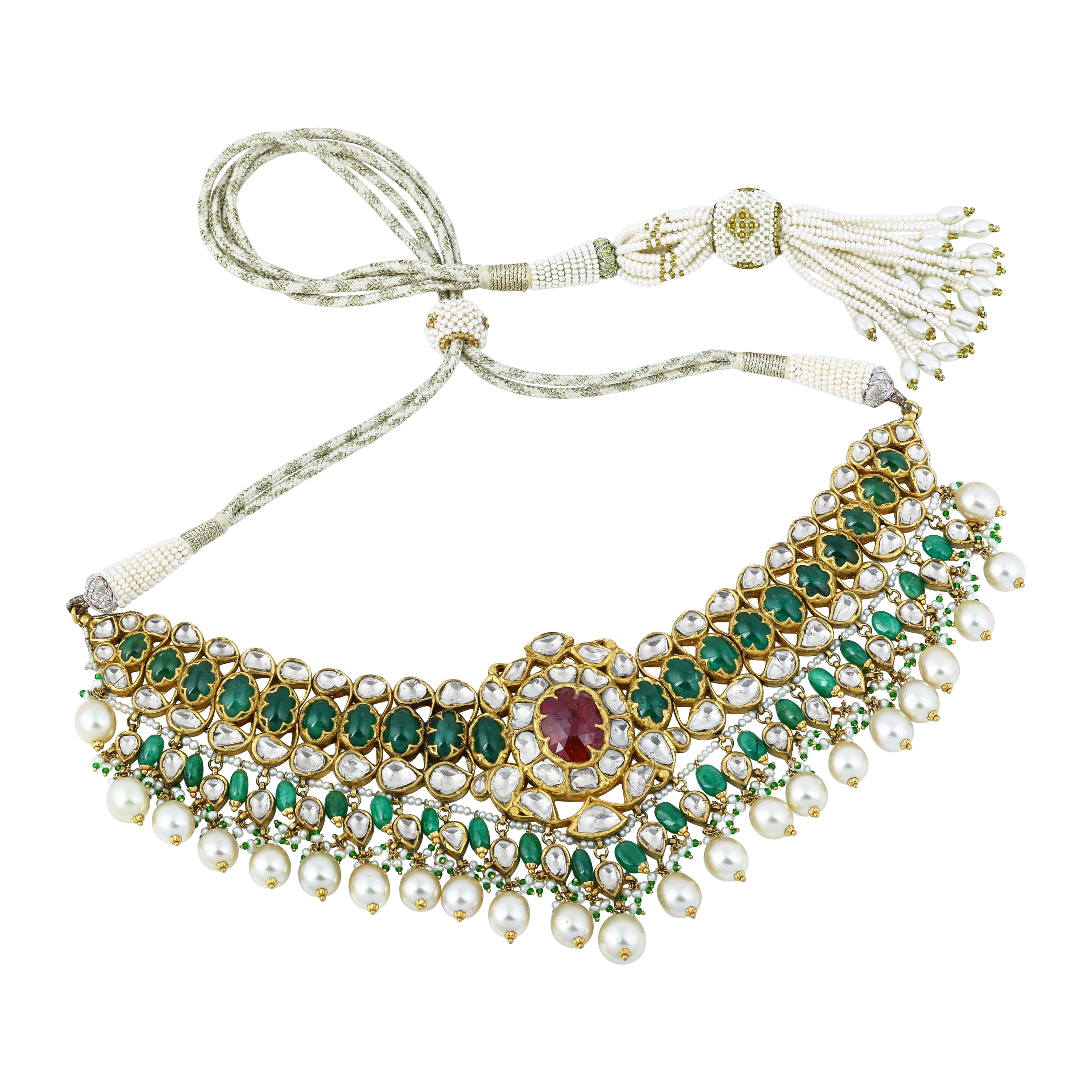 Red and Green Floral Cabochon Choker Set with Pearl Drops