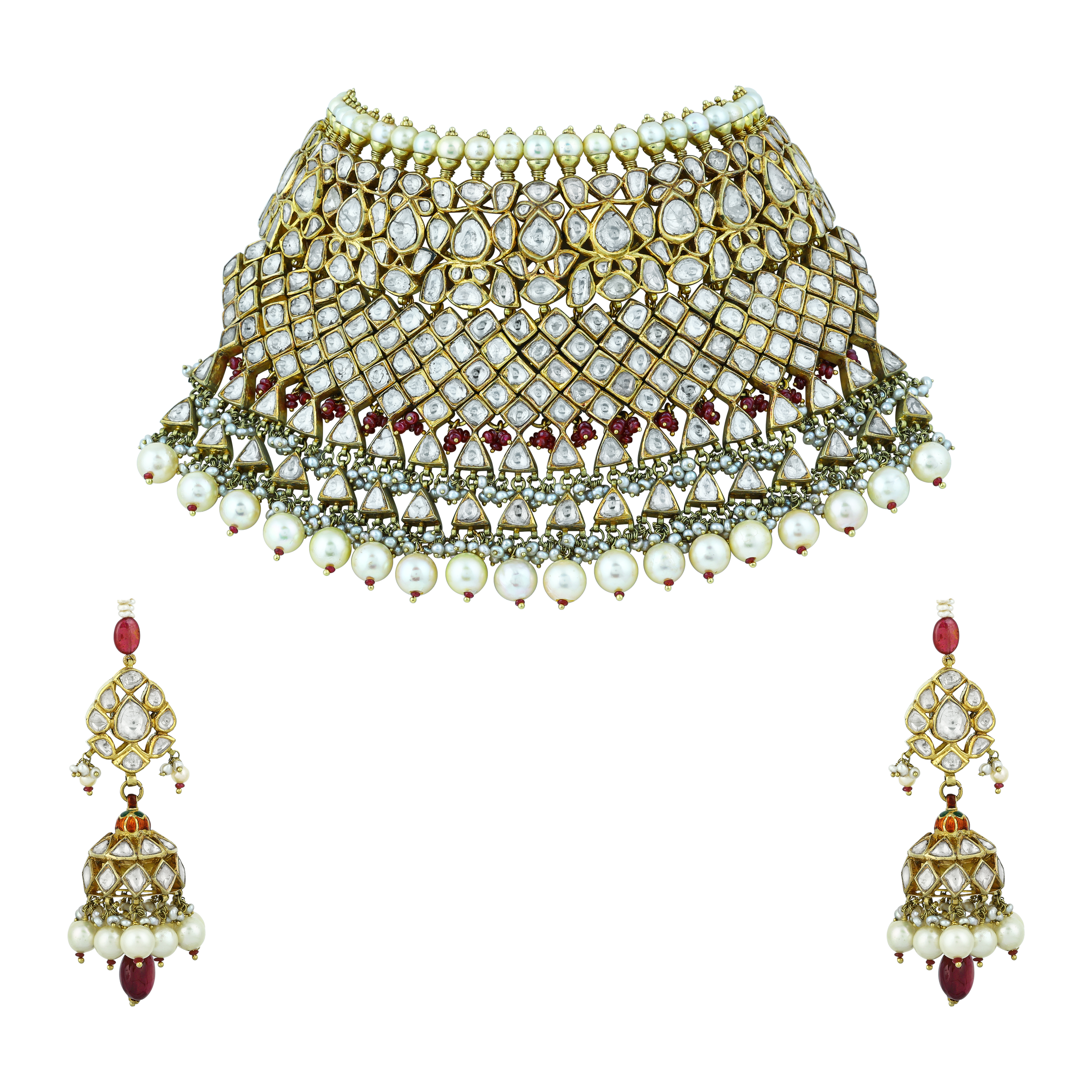 Layered Choker Set with Red Accents and Polki Lattice