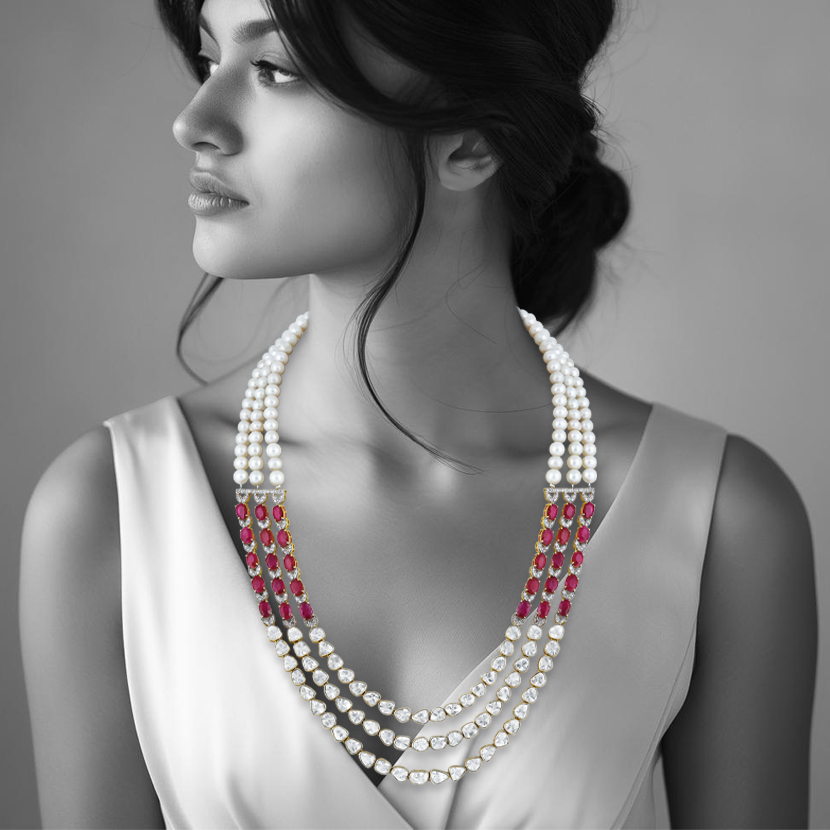 Three-Layer Polki Necklace with Rubies and Pearl Strings
