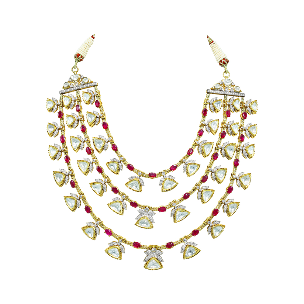 Gold Wire Necklace with Rubies, Polki, and Full-Cut Diamonds