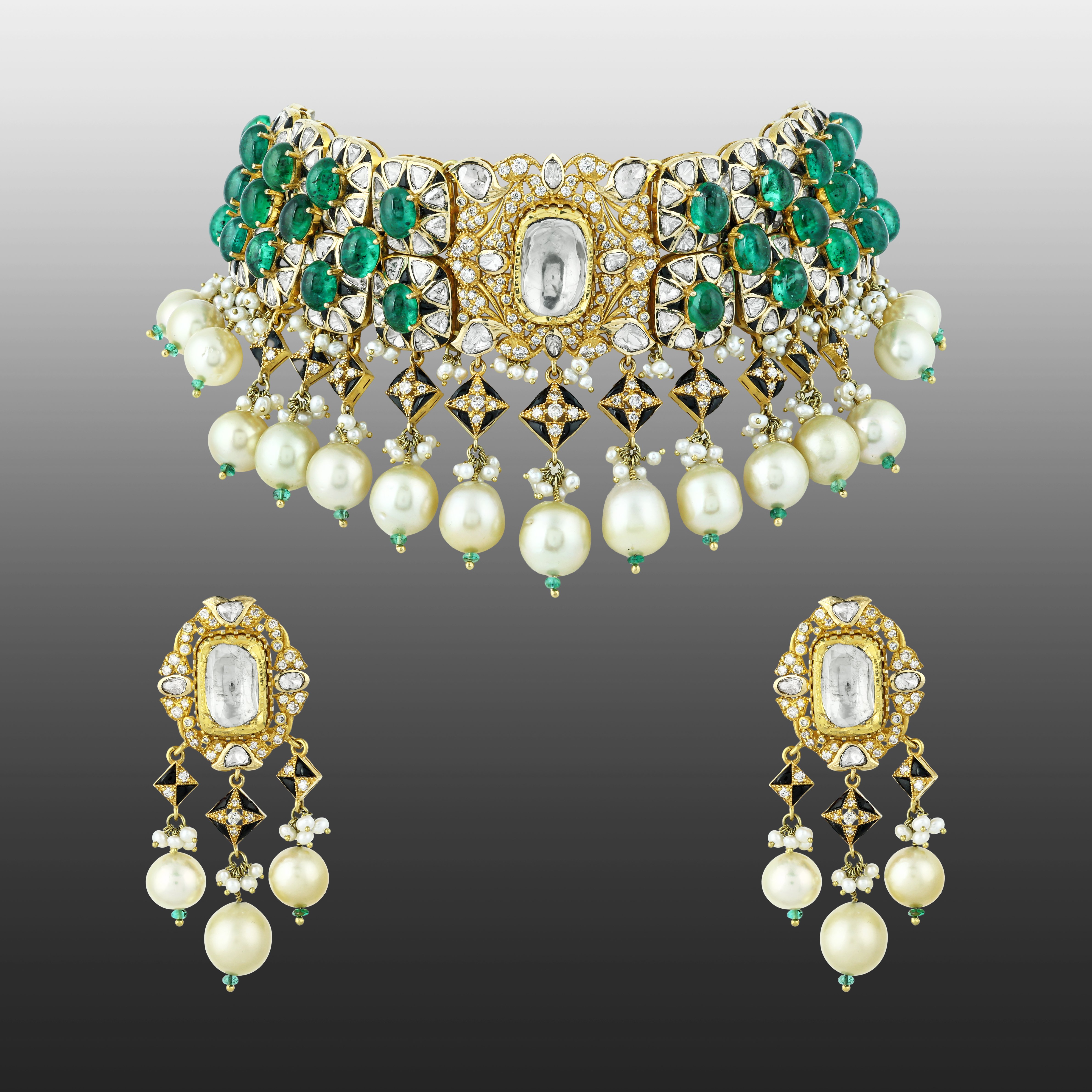 Emerald and Polki Diamond Choker with Pearl Drop Earrings