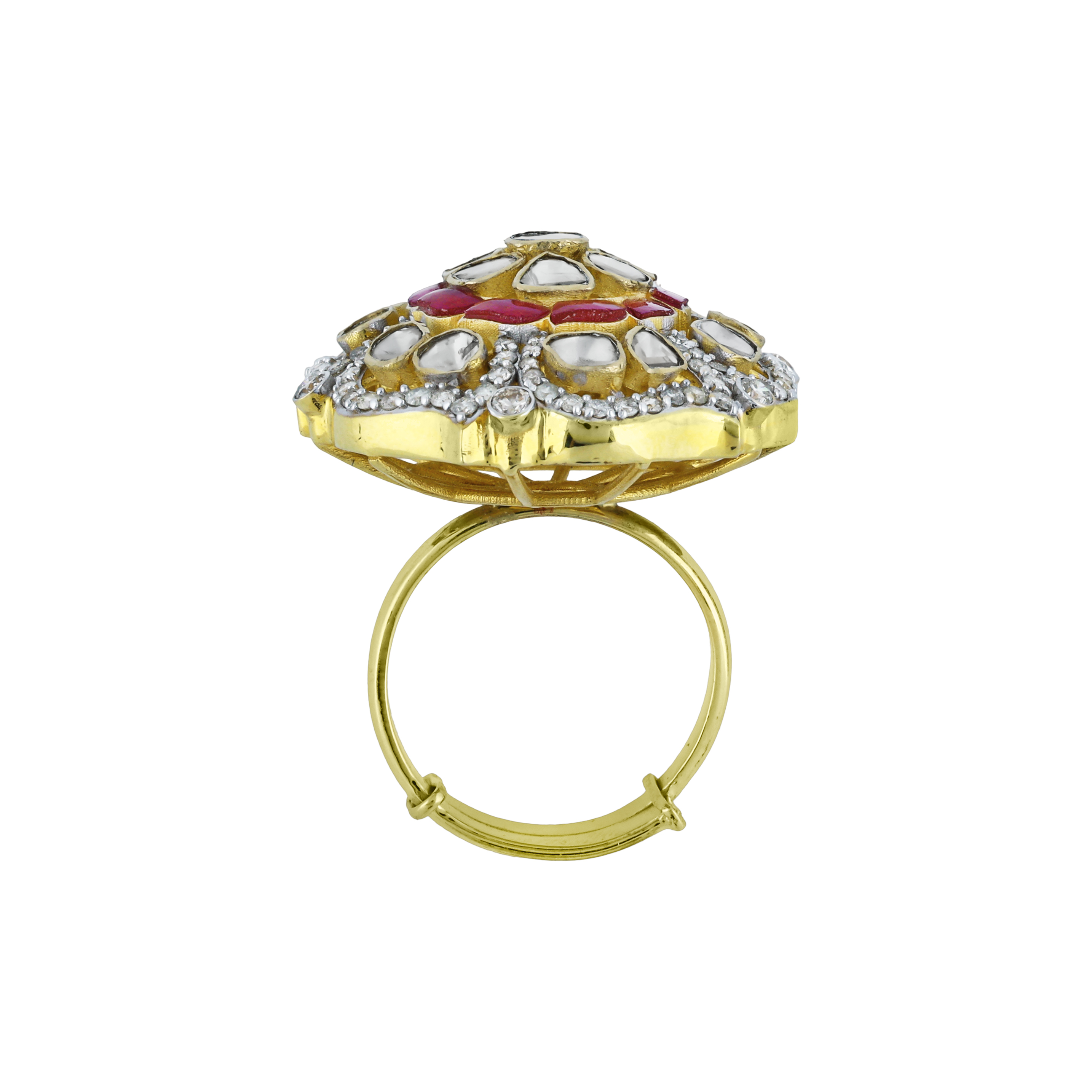 Floral Polki Ring with Red Talaf and Diamond Halo