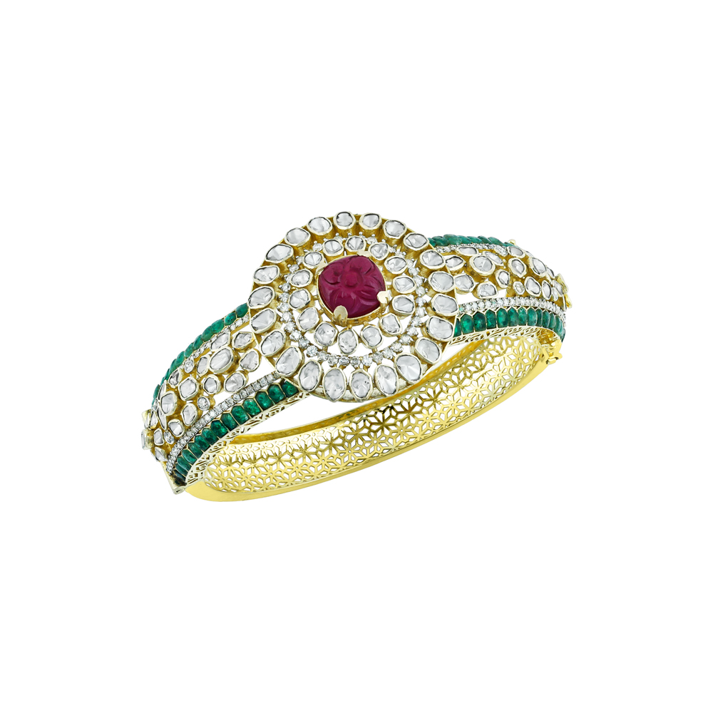 Polki Bangle with Carved Red Stone, Emerald Talafs and Latticework