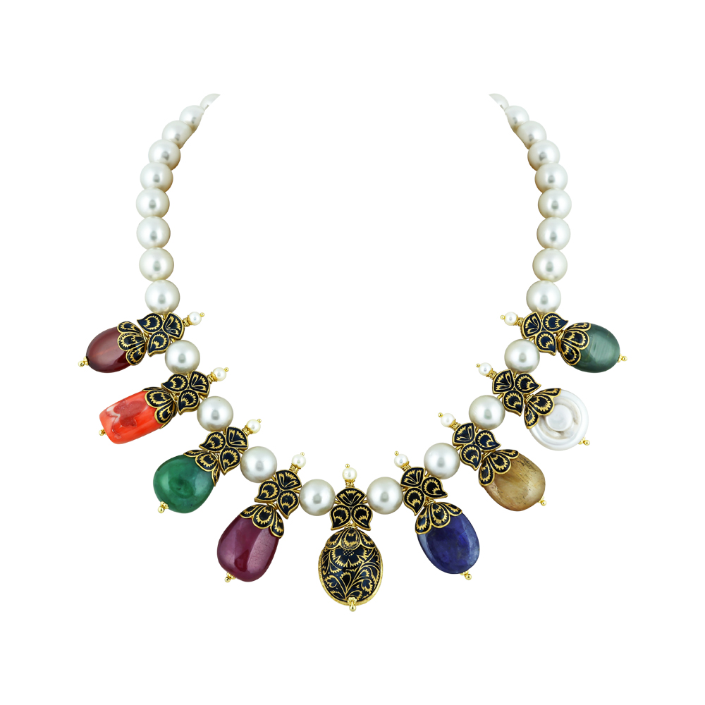 Navaratna Necklace Set with Pearls, Polki, and Vibrant Gemstones