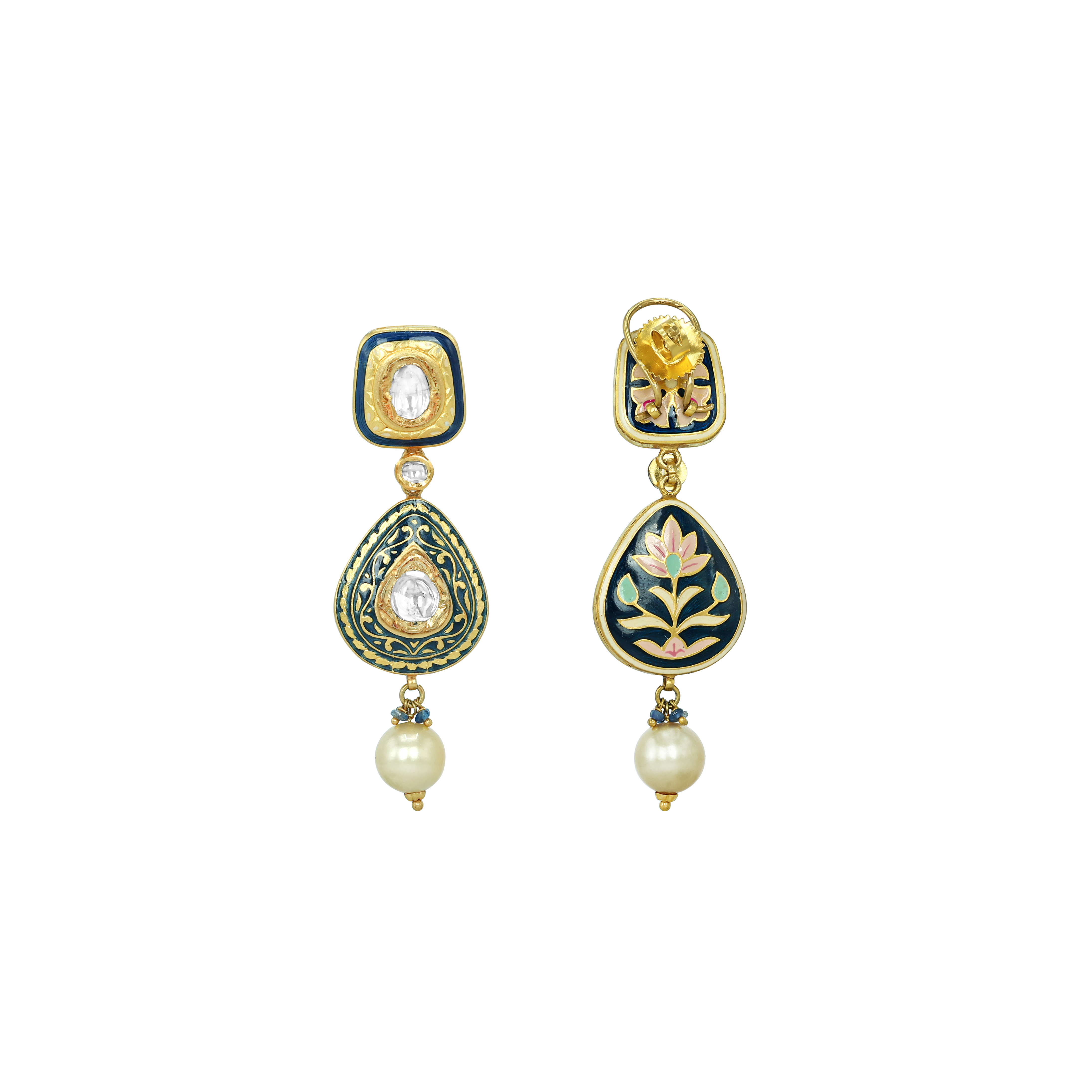 Black Inlay Polki Set with Green Enamel and Pearl Drops