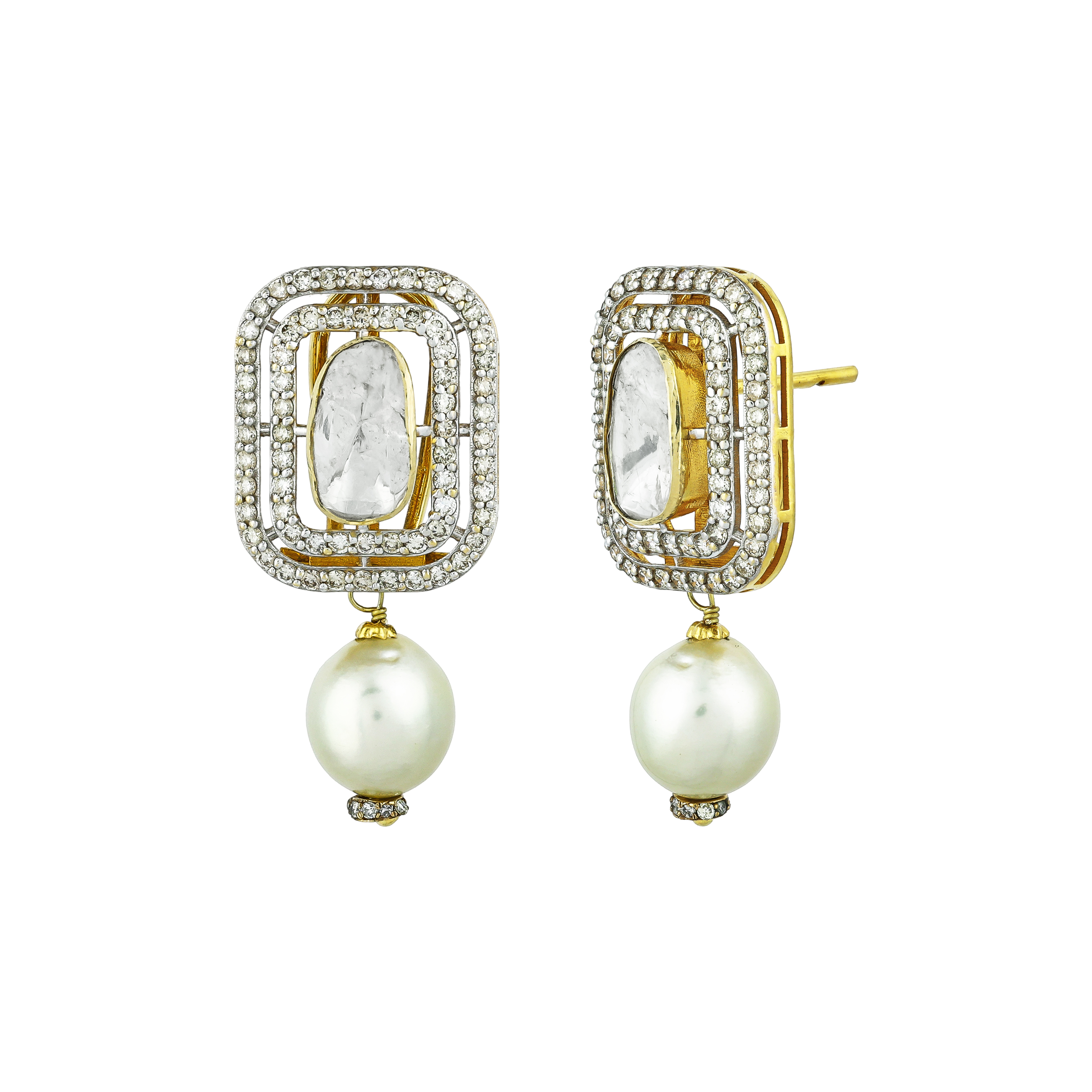Polki Earrings with Diamond Frames & Southsea Pearls