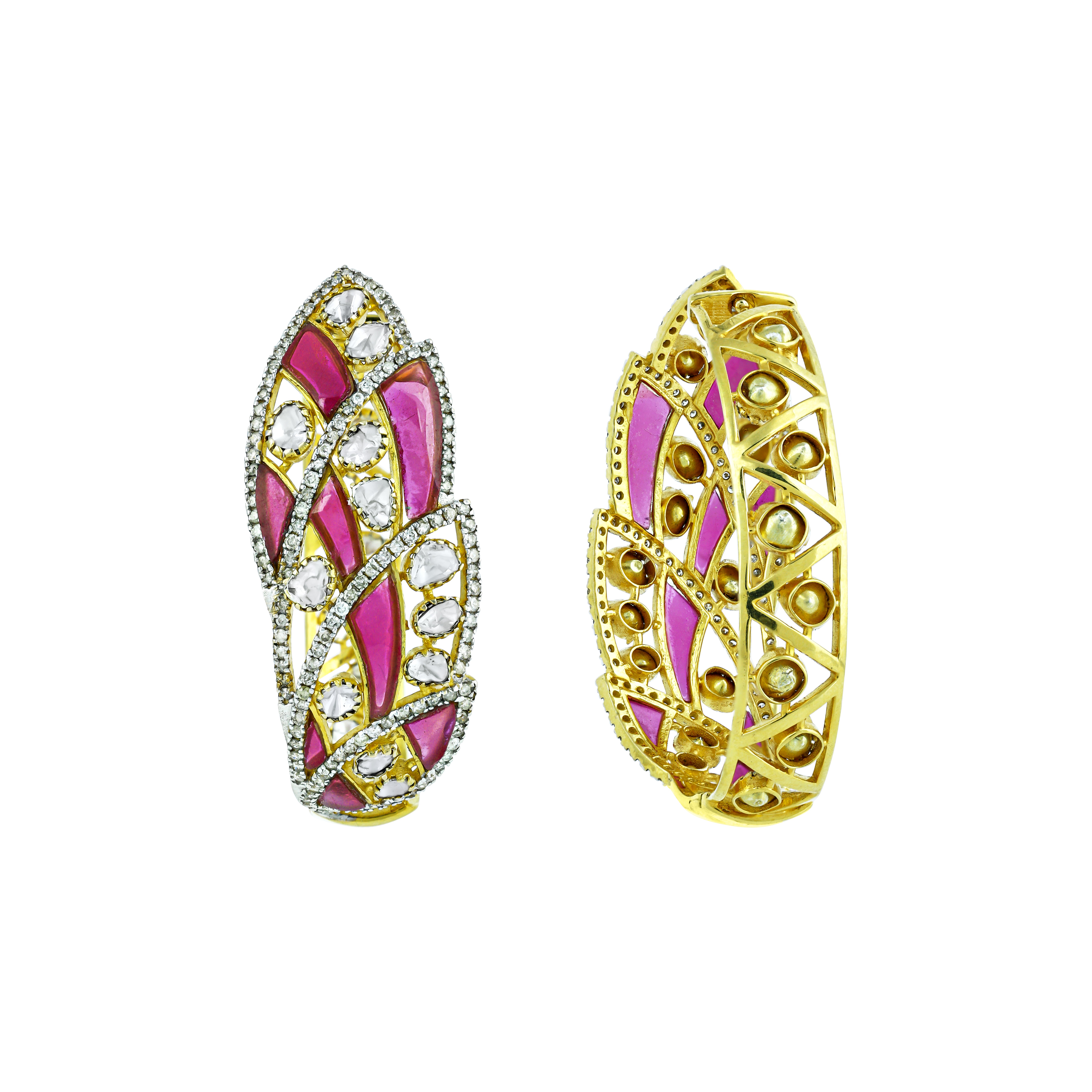 Polki Hoop Earrings with Pink Stones and Leaf-Inspired Design