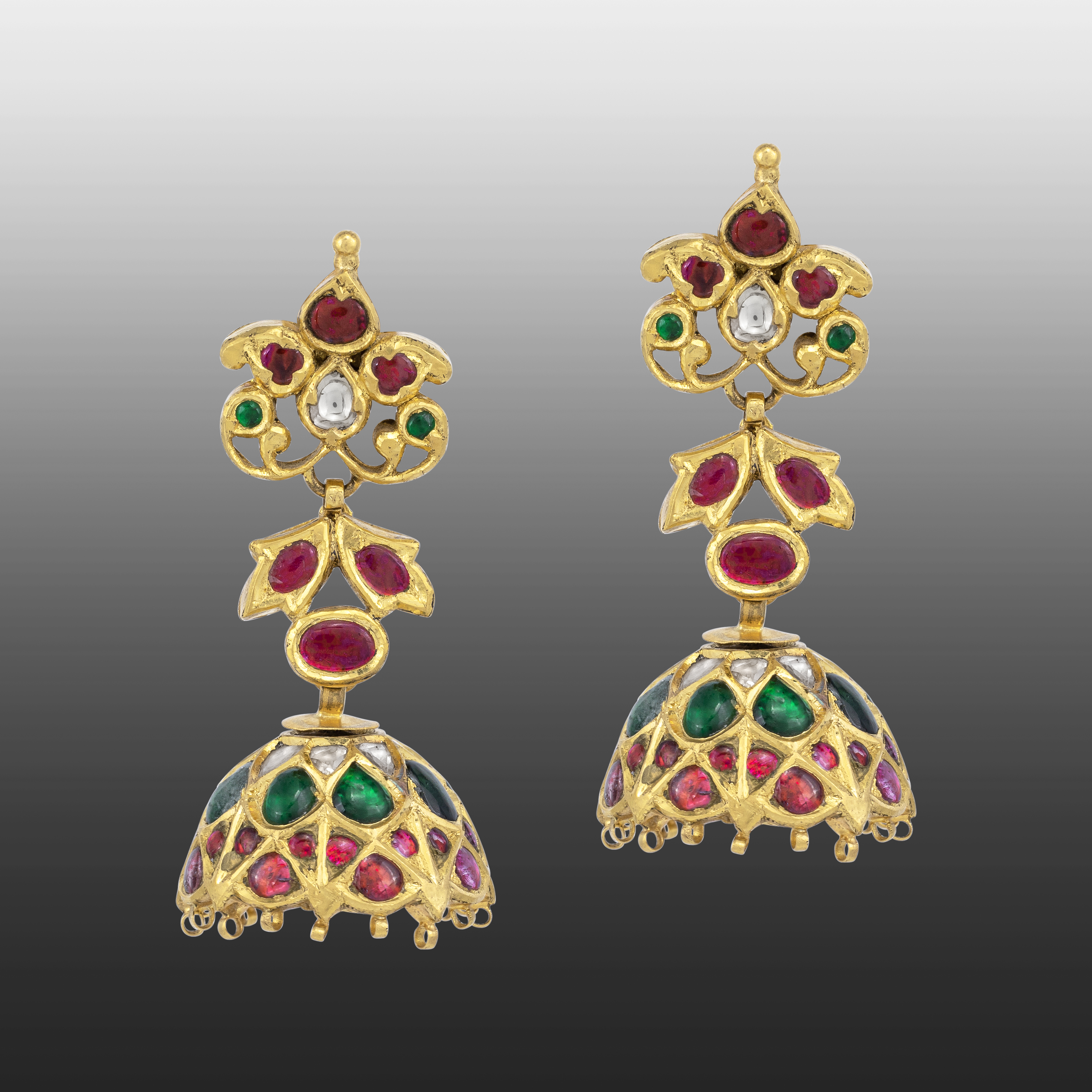 Yellow Gold Jhumkas with Emerald and Ruby