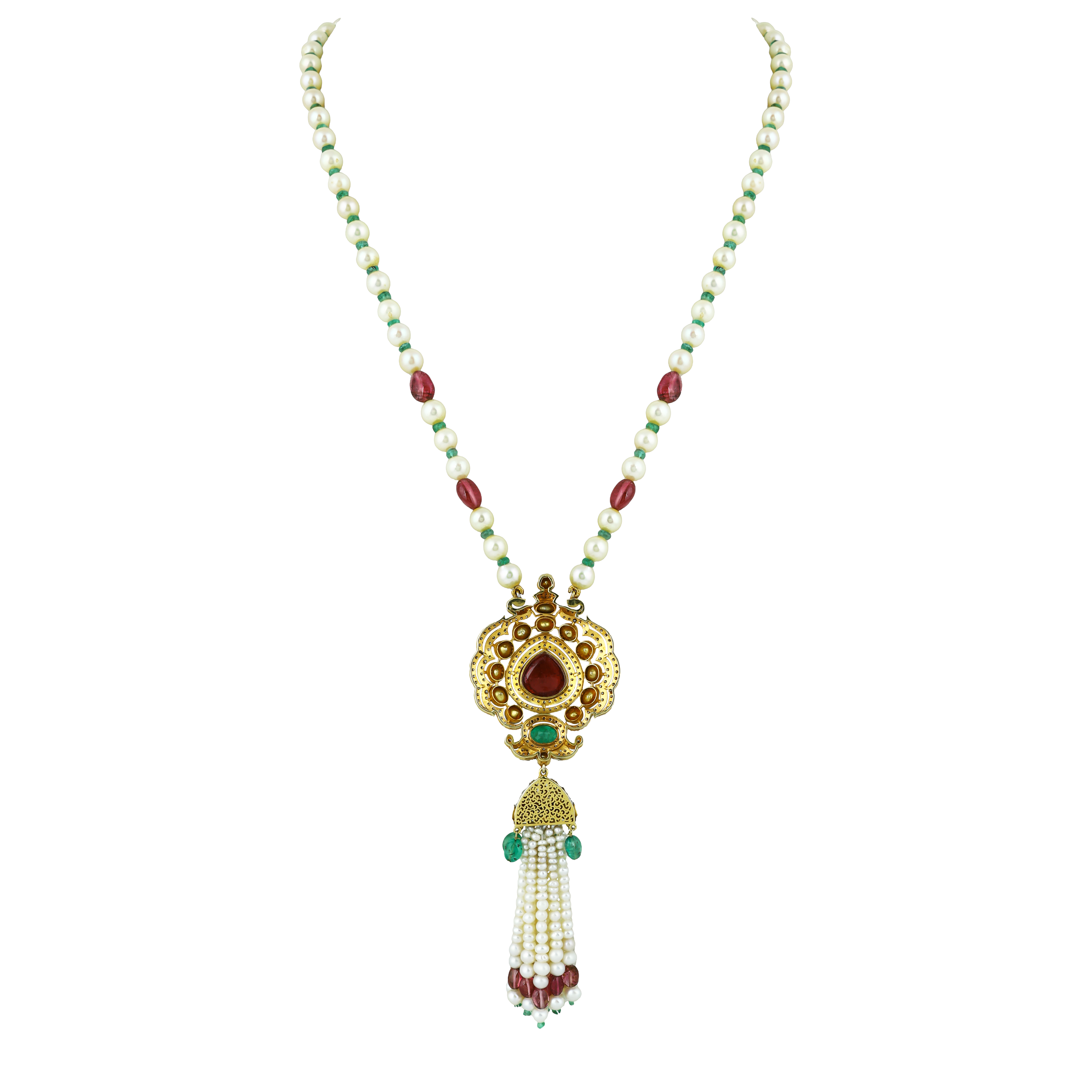 Polki Pendant with Pearl Tassels & Pear Tourmaline