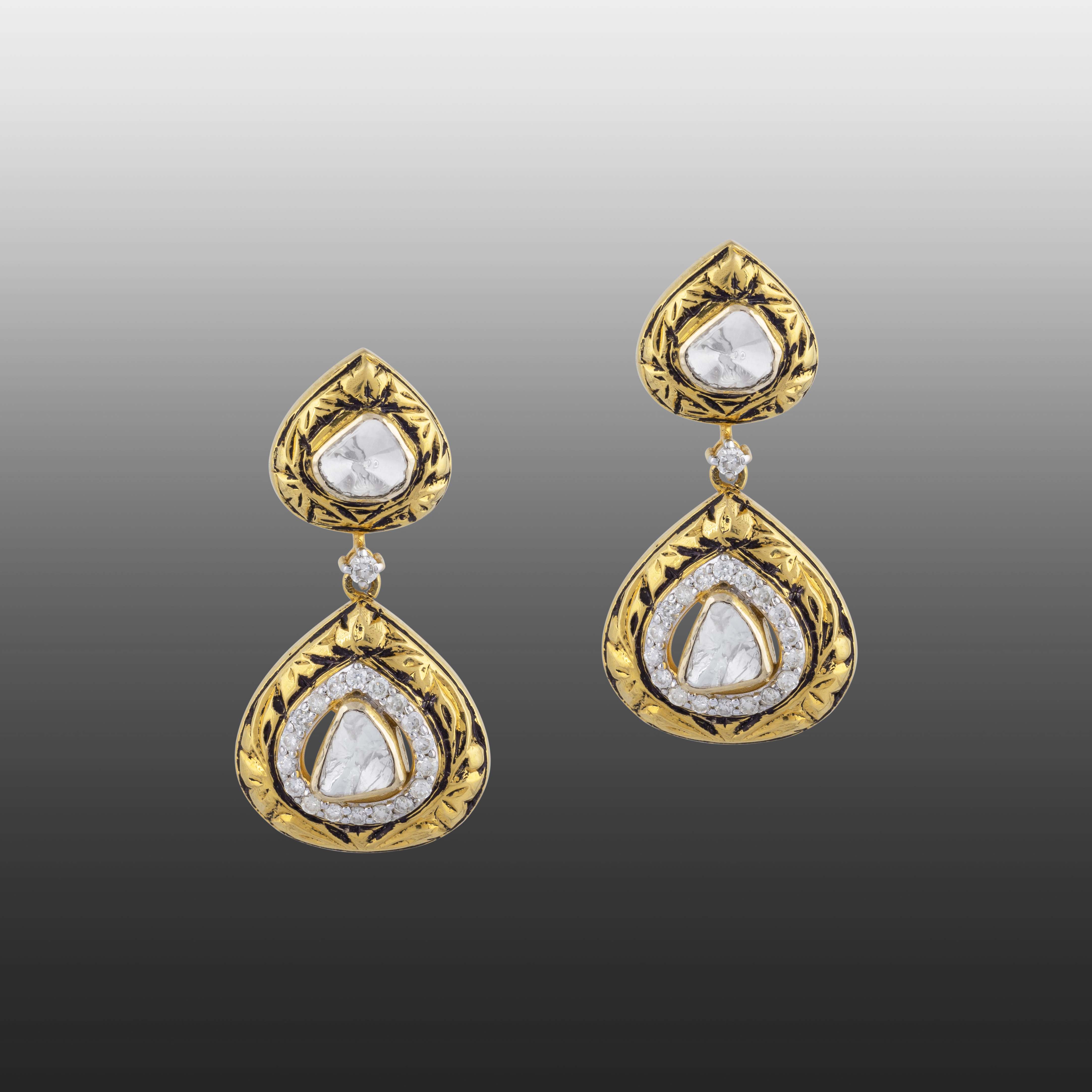 Teardrop Uncut Diamond Polki Earrings with Partash Gold Detailing