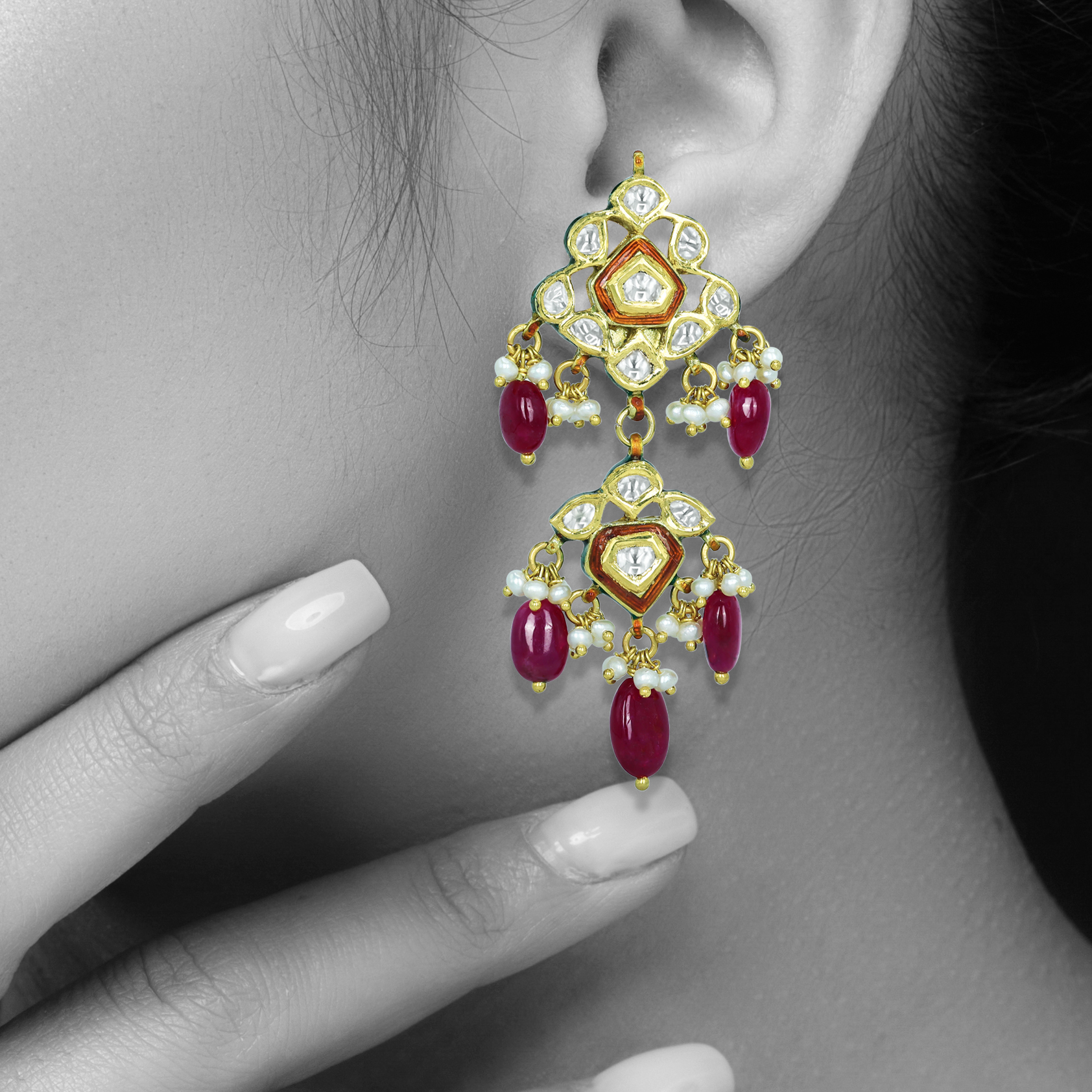 Polki Floral Earrings with Ruby Drops and Red Enamel
